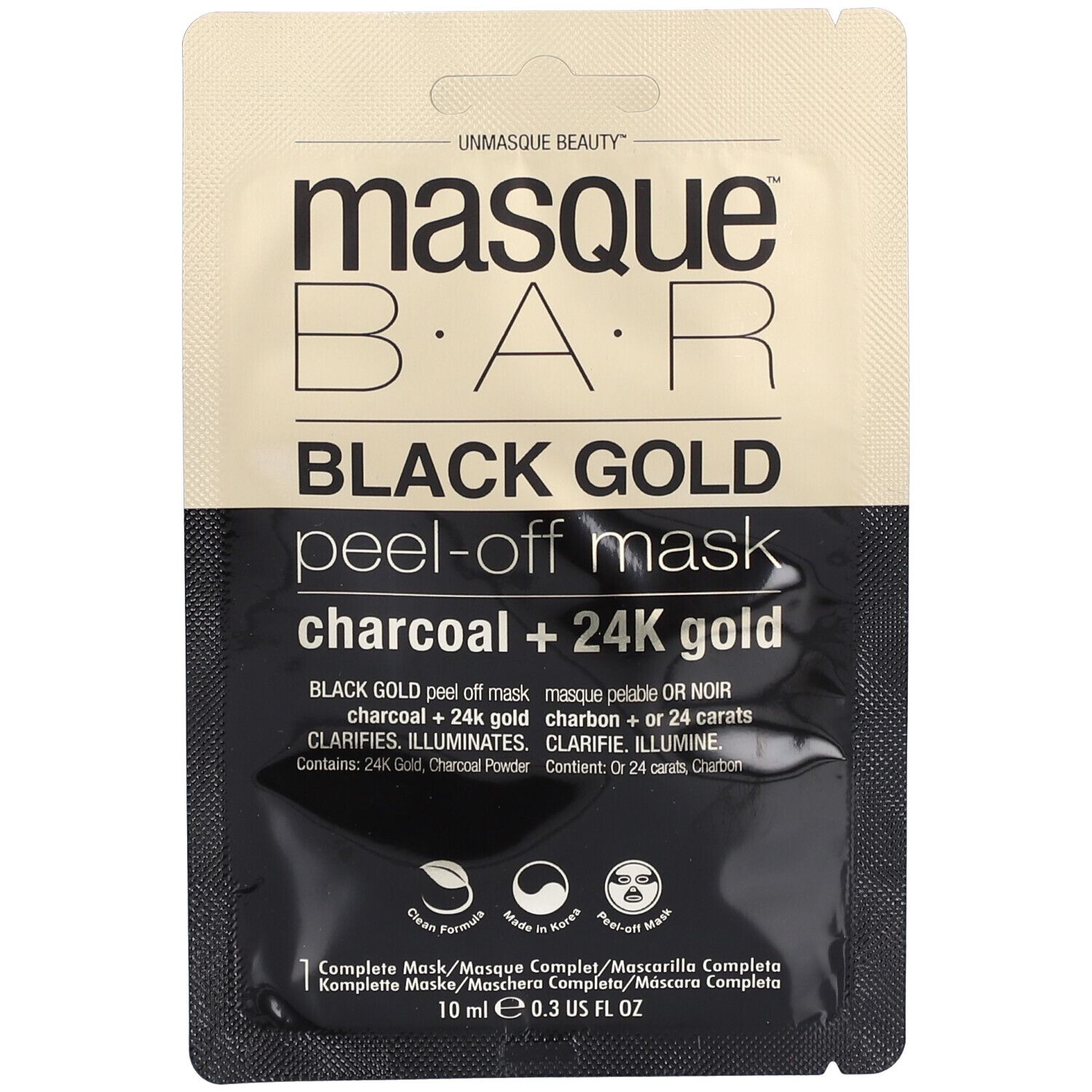 Masque facial en sachet noir et or. Texte: Black Gold peel-off mask, charbon + 24K gold. 10 ml.