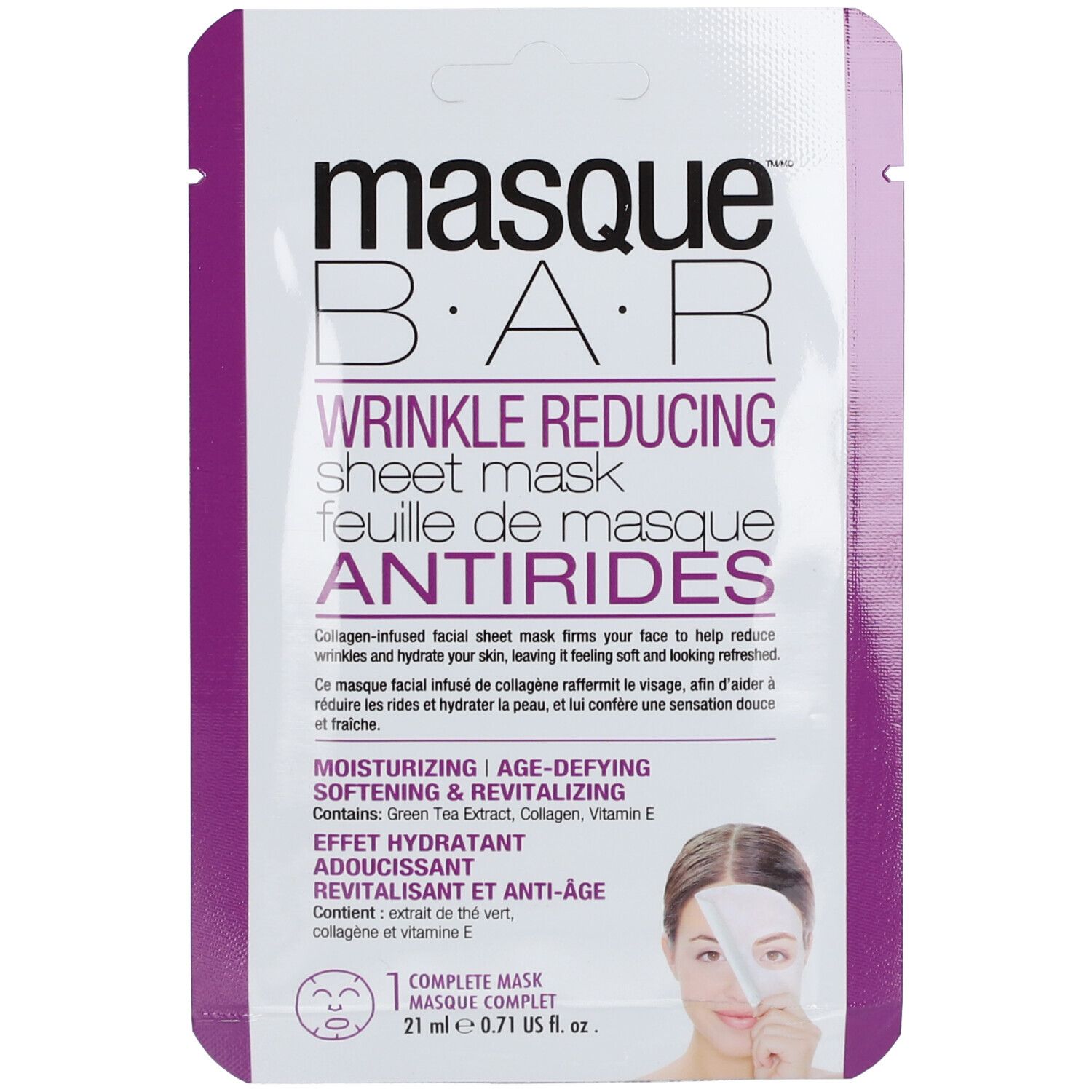 Masque facial masqueBAR™ anti-rides. Emballage violet avec informations produit et illustration.