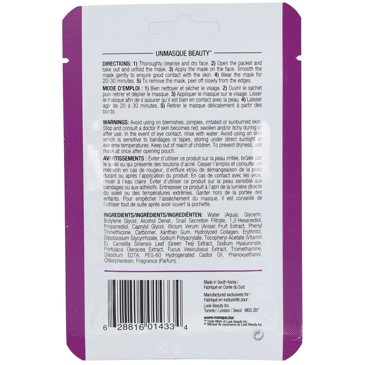 Dos de l'emballage du masque facial masqueBAR™. Contient instructions, ingrédients et avertissements.