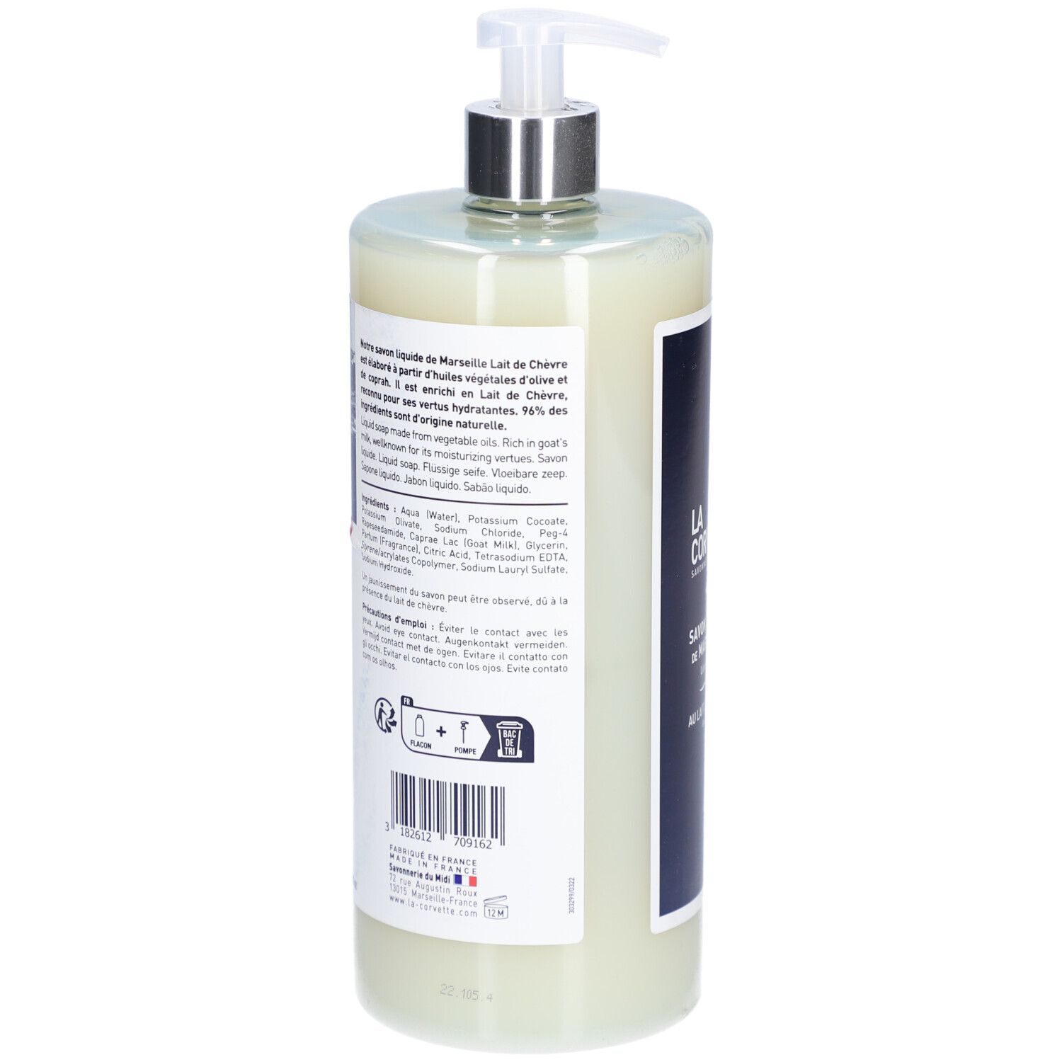 Dos du flacon de savon liquide. Texte avec ingrédients et informations. Avec code-barres et logo.