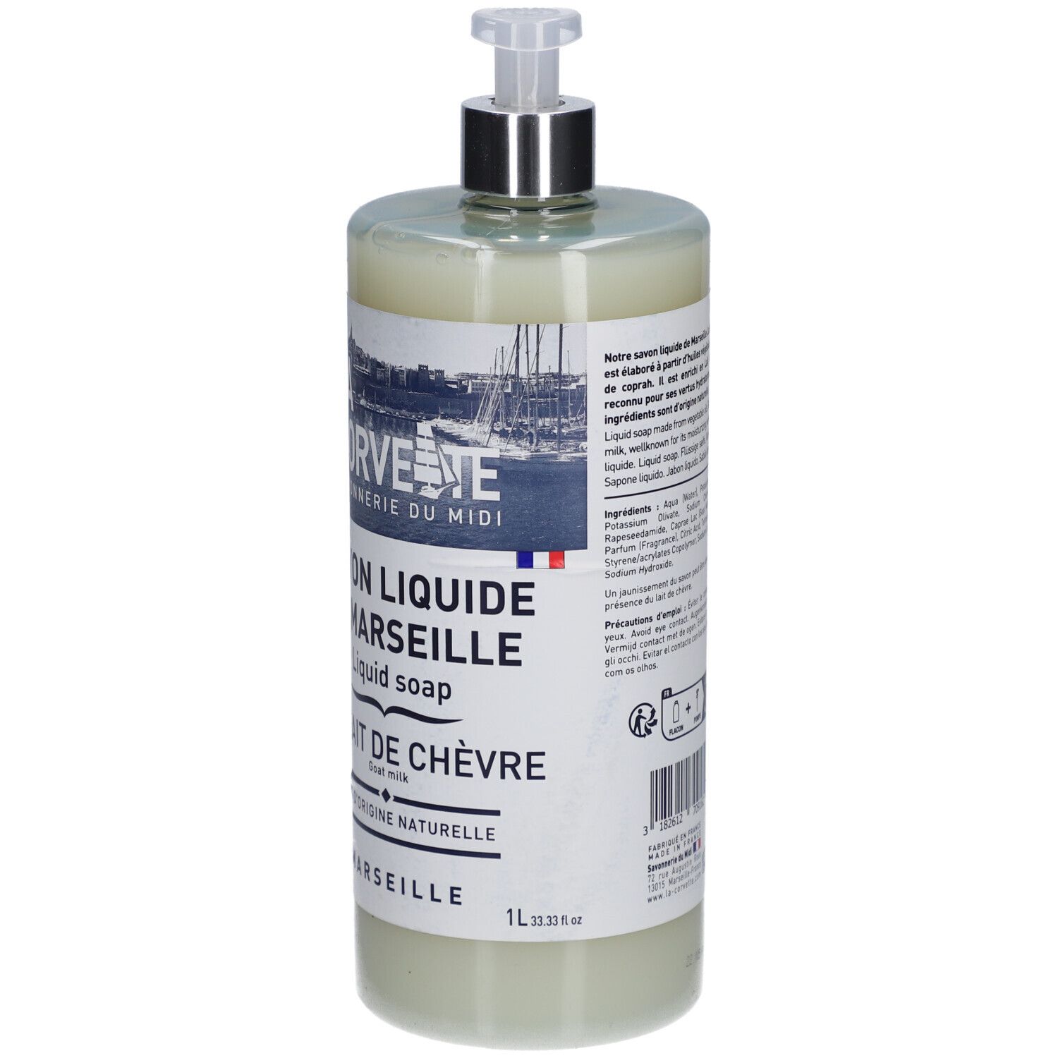Savon liquide en flacon avec pompe. Inscription: Savon Liquide de Marseille, Au Lait de Chèvre, 1L.