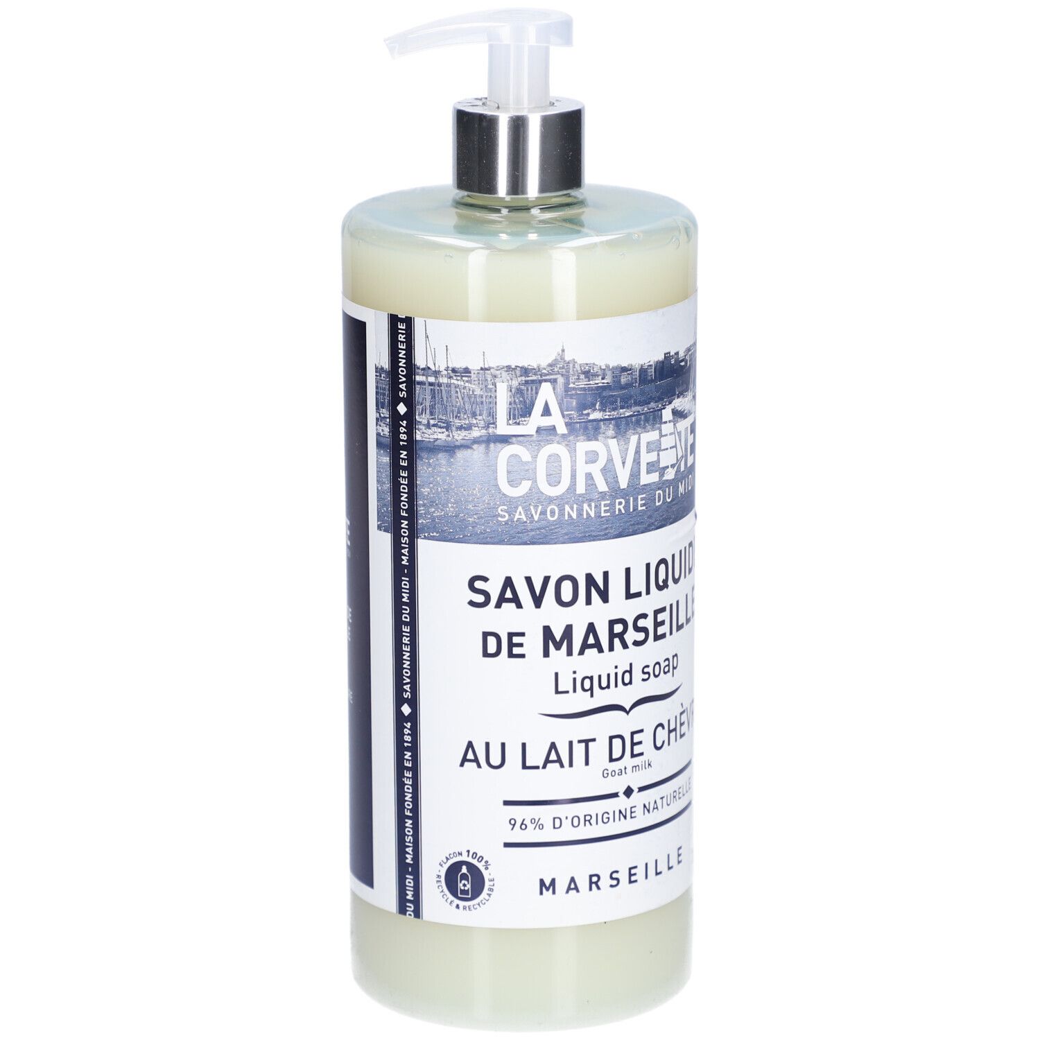 Savon liquide en flacon avec pompe. Inscription: Savon Liquide de Marseille, Au Lait de Chèvre, 96% naturel.