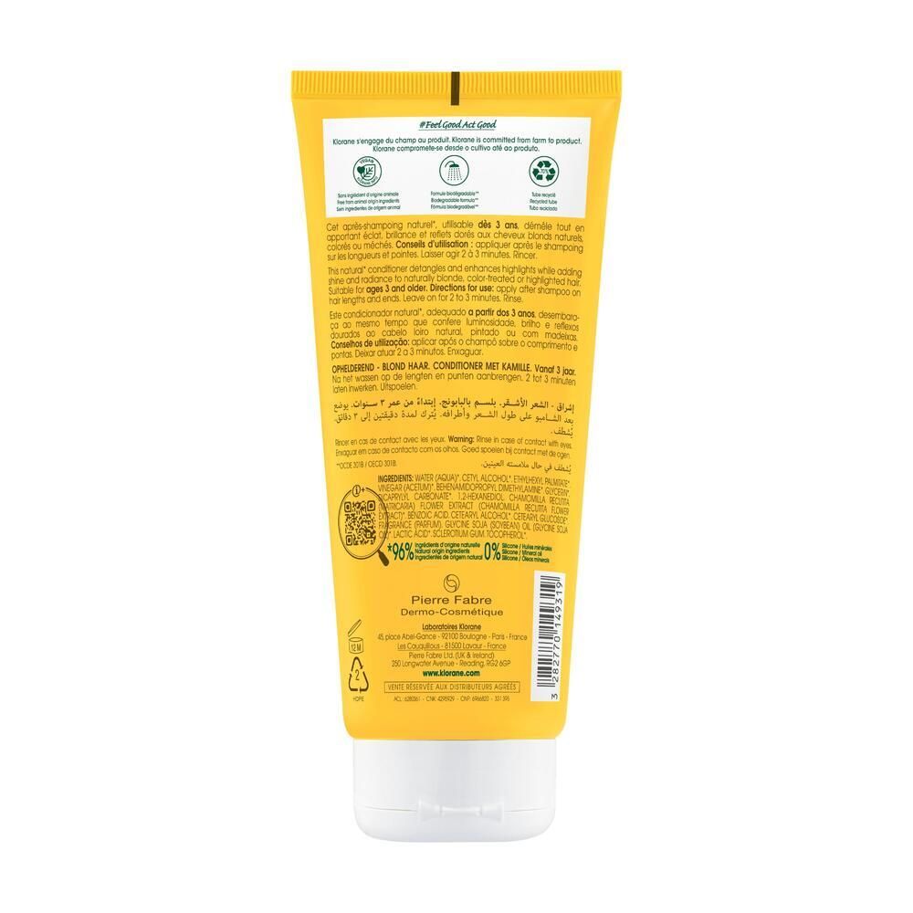 Rückseite einer gelben Tube. Text: KLORANE, Informationen zur natürlichen Zusammensetzung, Recycling-Symbol, QR-Code, Pierre Fabre.