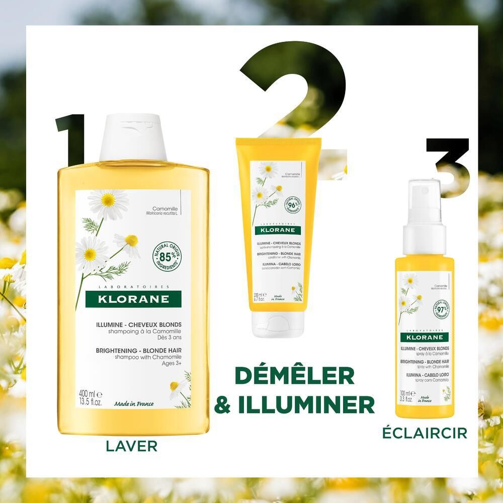 Drei KLORANE-Produkte: Shampoo, Conditioner und Spray. Text: DÉMÊLER & ILLUMINER, ÉCLAIRCIR, Kamille, 85% natürliche Inhaltsstoffe.