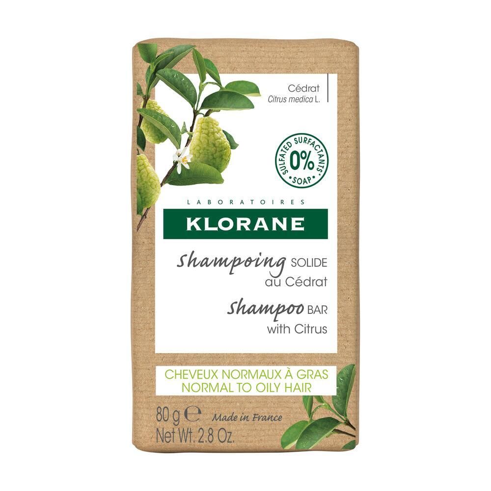 Rechthoekige verpakking. Opschrift: KLORANE, Shampoo Bar, Cédrat, 0% zeep, voor normaal tot vet haar. 80g.