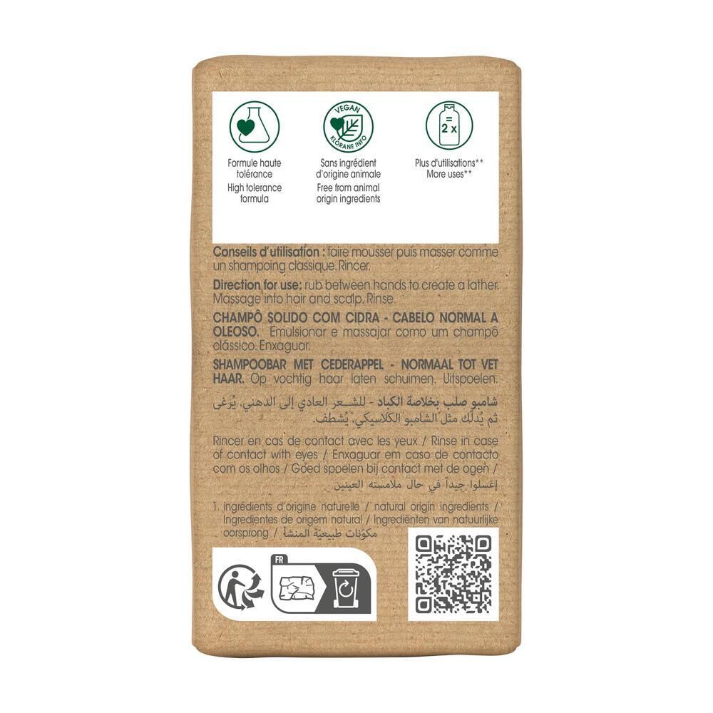 Achterkant van de verpakking. Tekst: Gebruiksaanwijzing, ingrediënten, vegan logo, QR-code. Recycling symbool.