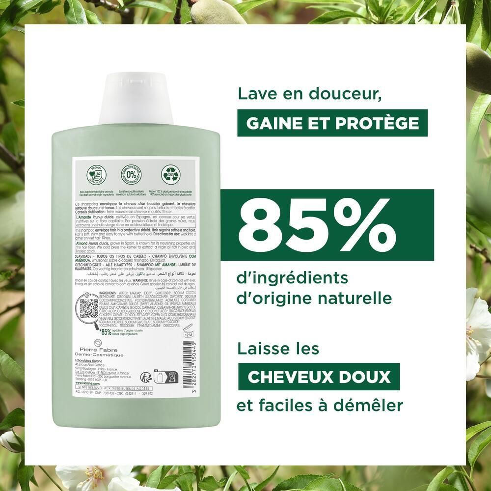 Dos du flacon de shampooing avec texte. 85% d'ingrédients naturels, nettoie en douceur, gaine et protège, rend les cheveux doux.