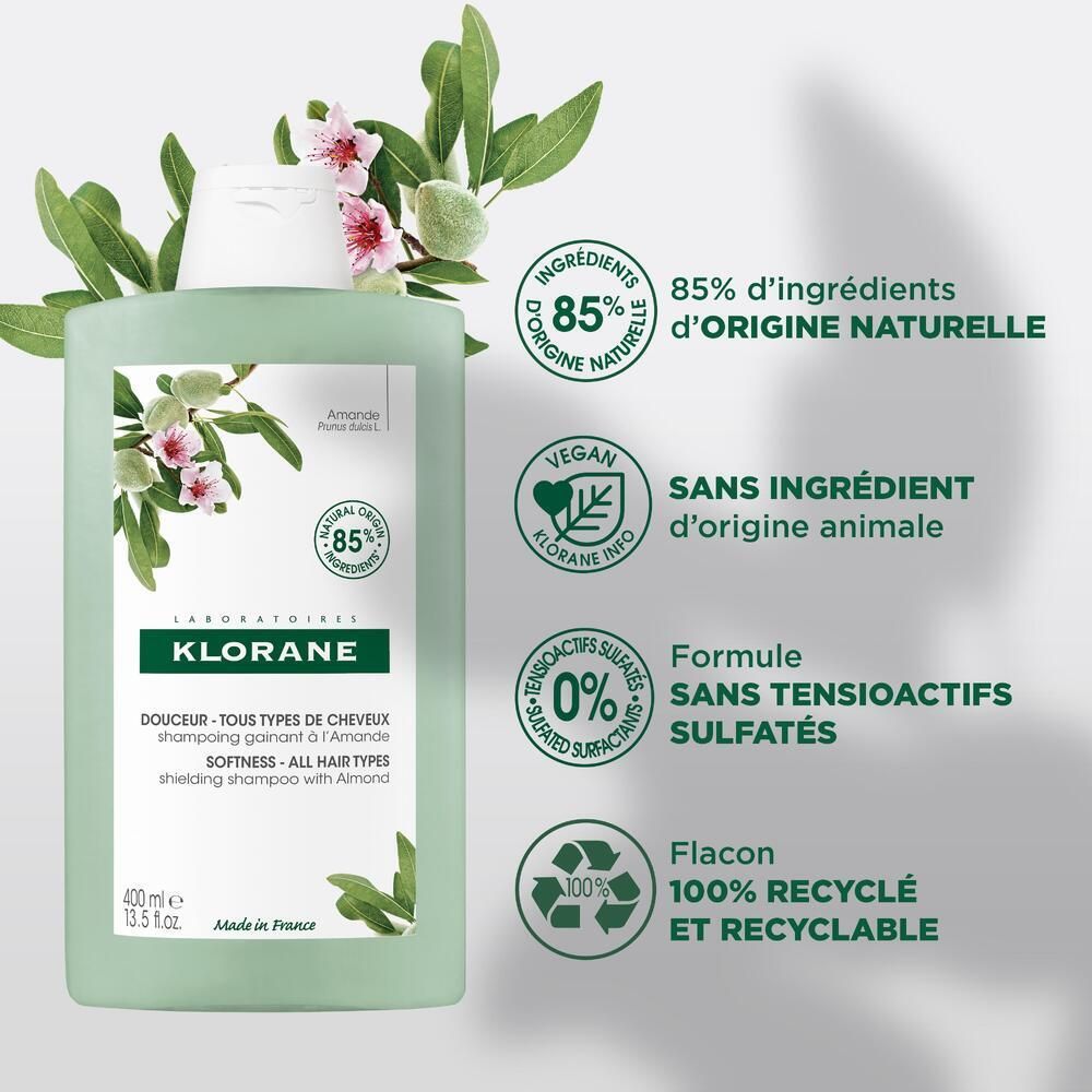 Flacon de shampooing vert avec étiquette. 85% ingrédients naturels, vegan, sans ingrédients animaux, 0% tensioactifs, 100% recyclable.