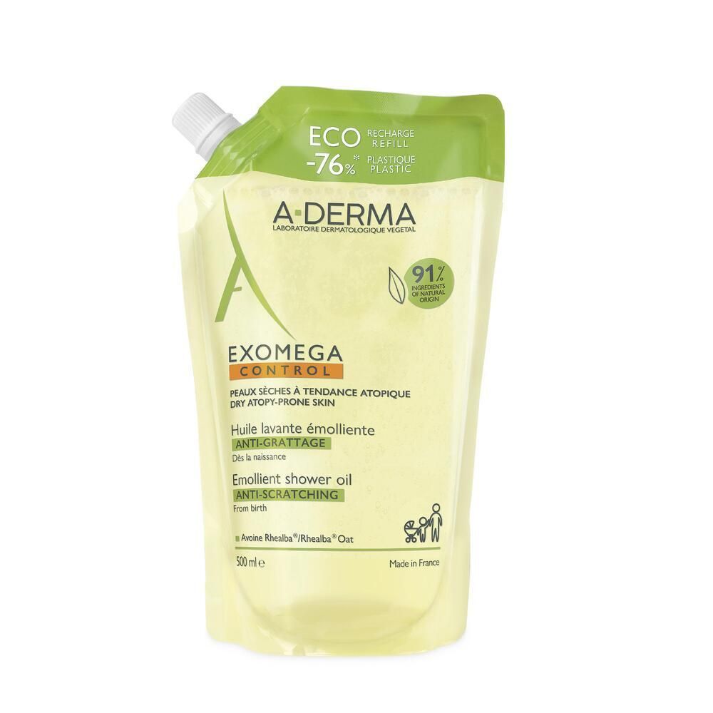 Recharge d'huile lavante émolliente A-DERMA EXOMEGA CONTROL. Emballage vert et blanc. Inscriptions et logos.