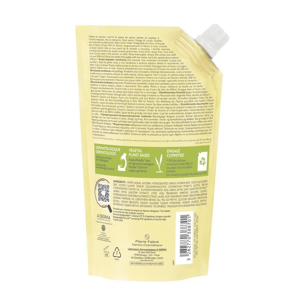 Dos de la recharge. Texte, logos et QR code. A-DERMA EXOMEGA CONTROL. Vert et blanc.