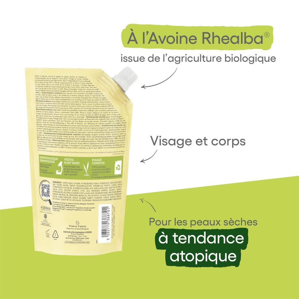 Dos de la recharge. Texte, logos et QR code. A-DERMA EXOMEGA CONTROL. Vert et blanc.