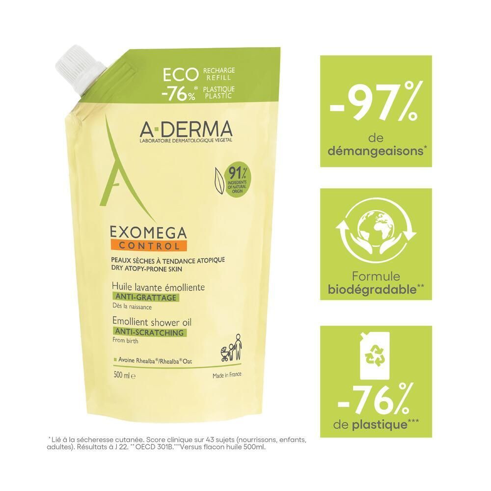 A-DERMA EXOMEGA CONTROL Huile lavante émolliente. Recharge. Vert et blanc. Texte et logos. Recharge écologique.