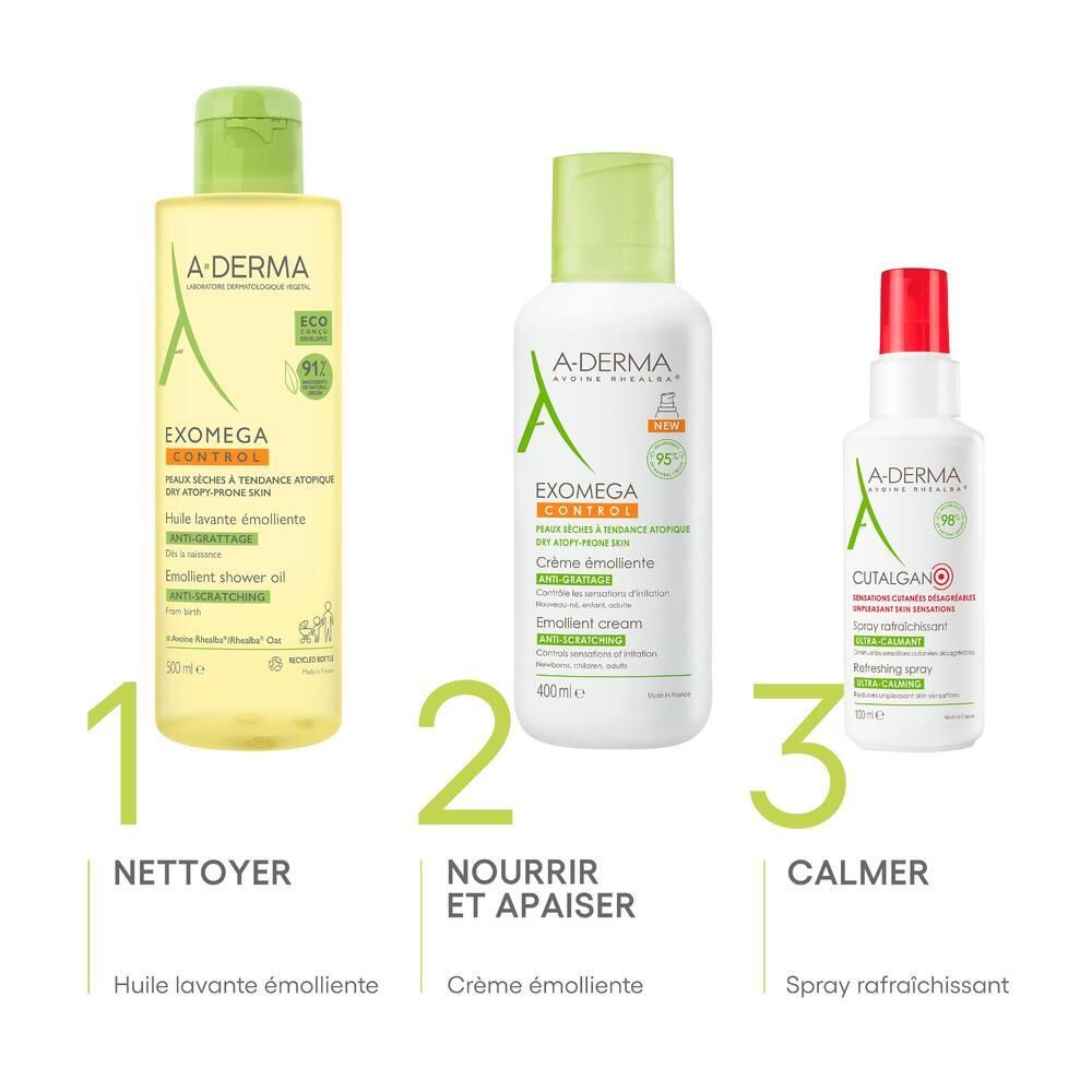 Trois produits A-DERMA : huile lavante, crème et spray. Inscription : Nettoyer, Nourrir et Apaiser.