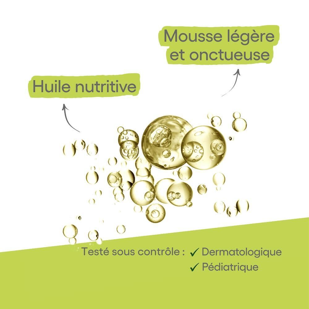 Gouttes d'huile. Texte : Testé sous contrôle dermatologique et pédiatrique. Texture légère et onctueuse.