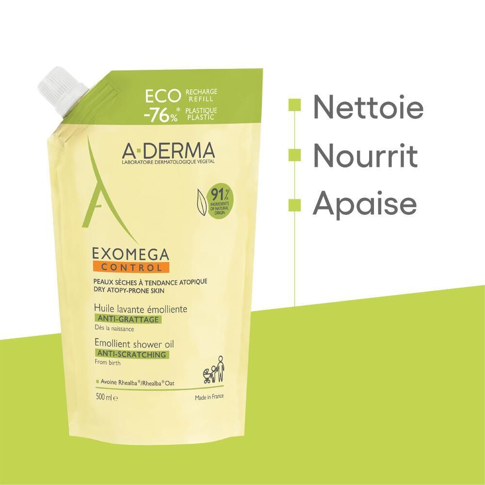 A-DERMA EXOMEGA CONTROL Huile lavante émolliente. Vert et blanc. Texte : Nettoie, Nourrit, Apaise.