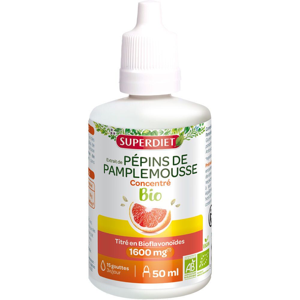 Weiße Flasche mit Tropfer. Aufschrift: SUPERDIET, Extrait de Pépins de Pamplemousse, Bio. 1600 mg Bioflavonoide, 50 ml.