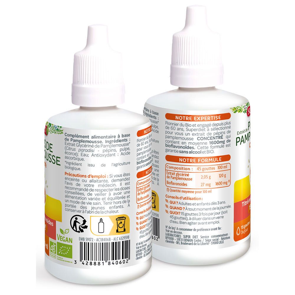 Rückseite der weißen Flasche. Text: Inhaltsstoffe, Anwendungshinweise, Vegan-Logo, Recycling-Symbol, Chargennummer.
