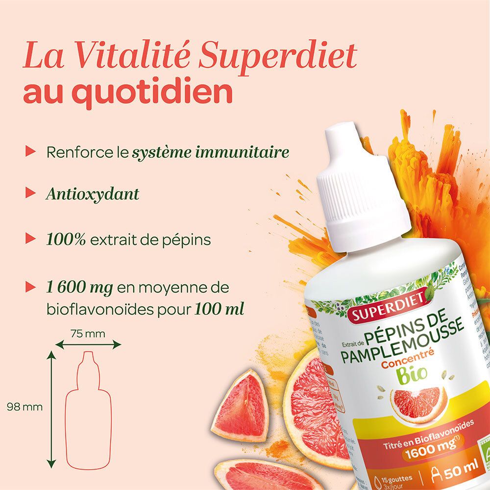Produktflasche mit Maßen. Text: La Vitalité Superdiet au quotidien. 1600 mg Bioflavonoide. Flaschenhöhe 98 mm, Breite 75 mm.