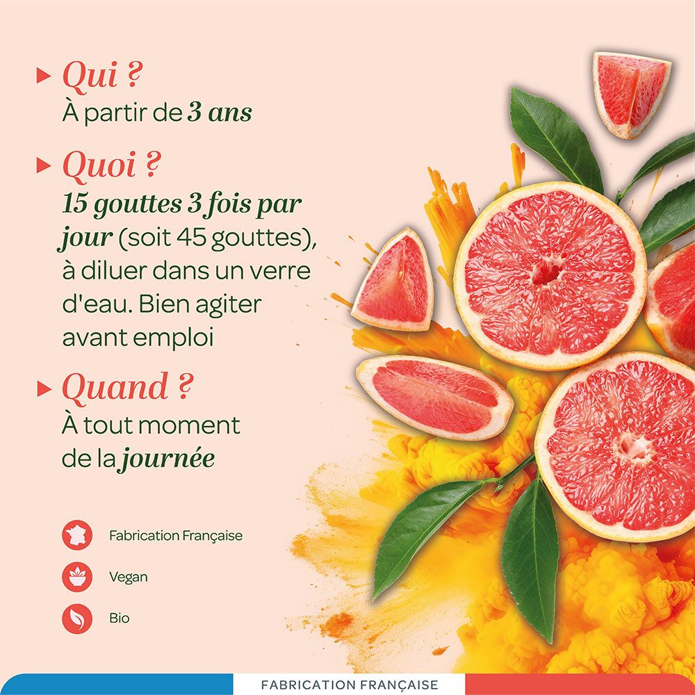 Infografik. Fragen und Antworten zur Anwendung. Französische Herstellung, Vegan-Logo, Bio-Siegel. Grapefruit-Scheiben.