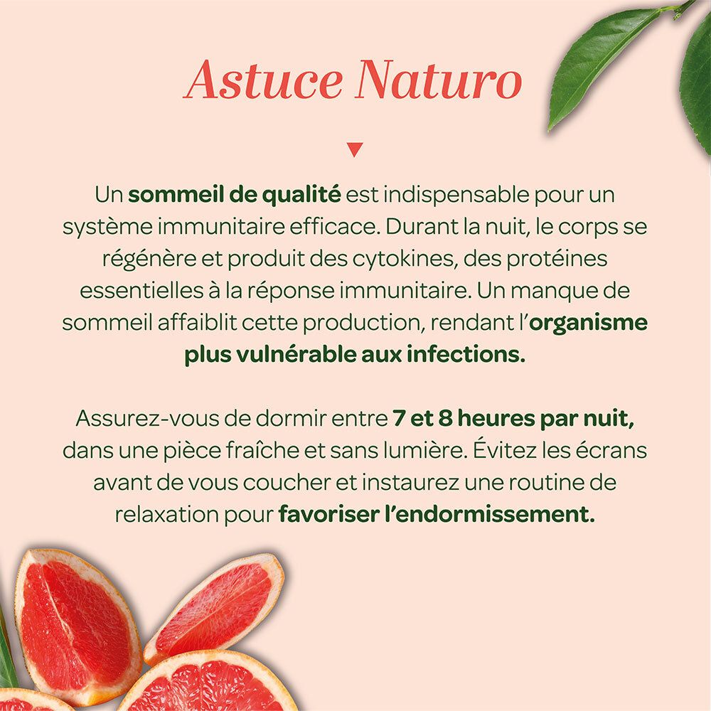 Text: Astuce Naturo. Tipps für einen guten Schlaf. Grapefruit-Scheiben. Text über Schlaf und Immunsystem.