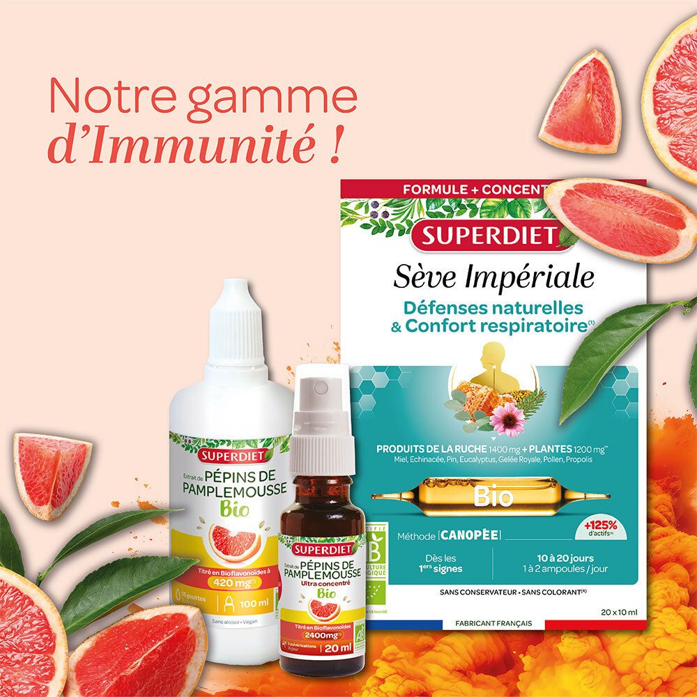 Produktreihe. SUPERDIET-Produkte: Pépins de Pamplemousse Bio, Sève Impériale. Grapefruit-Scheiben. Bio-Siegel.