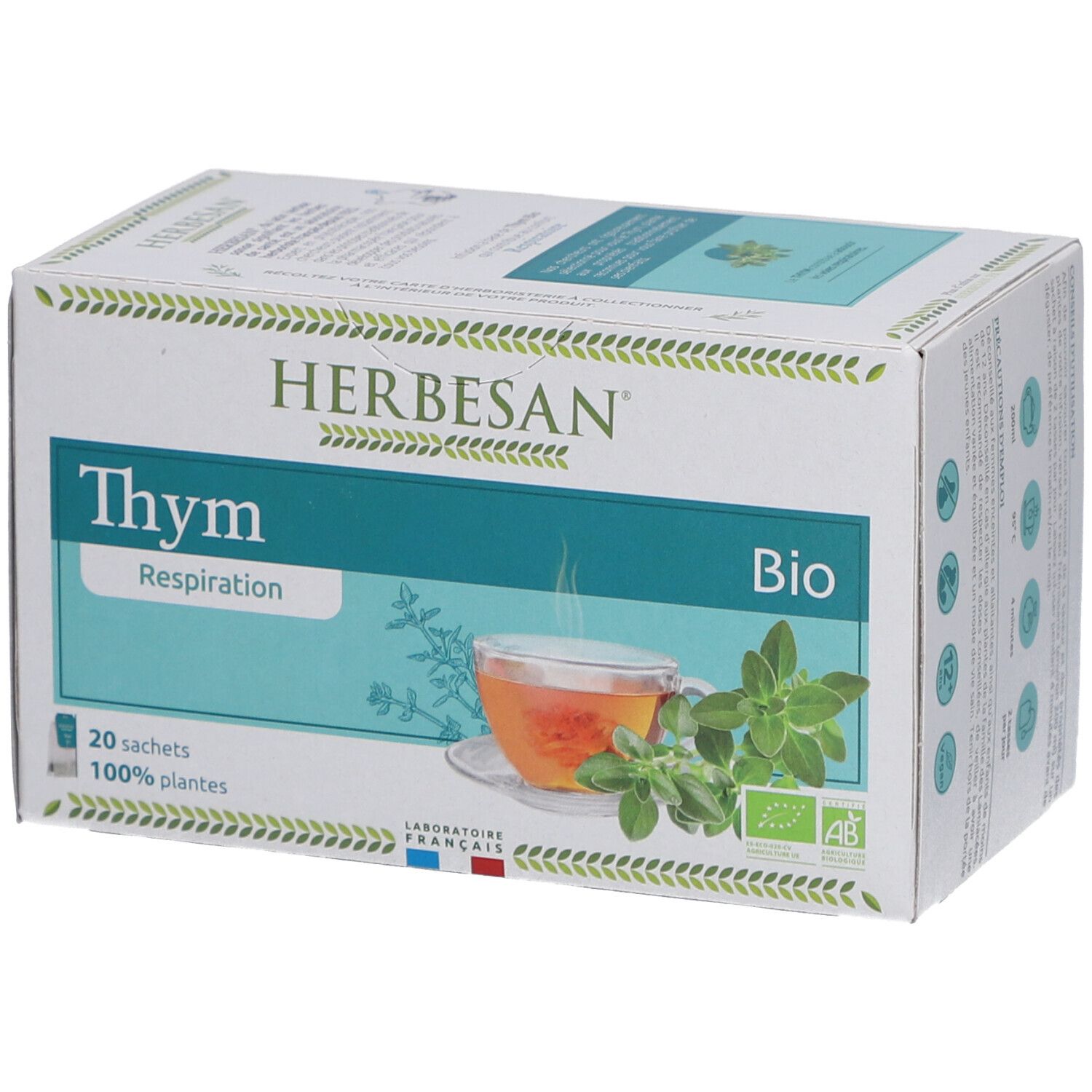 Karton mit Herbesan Bio Thymian Kräutertee. Aufdruck: Thym, Bio, 20 Sachets, 100% plantes. Mit Abbildung von Tee und Thymian.