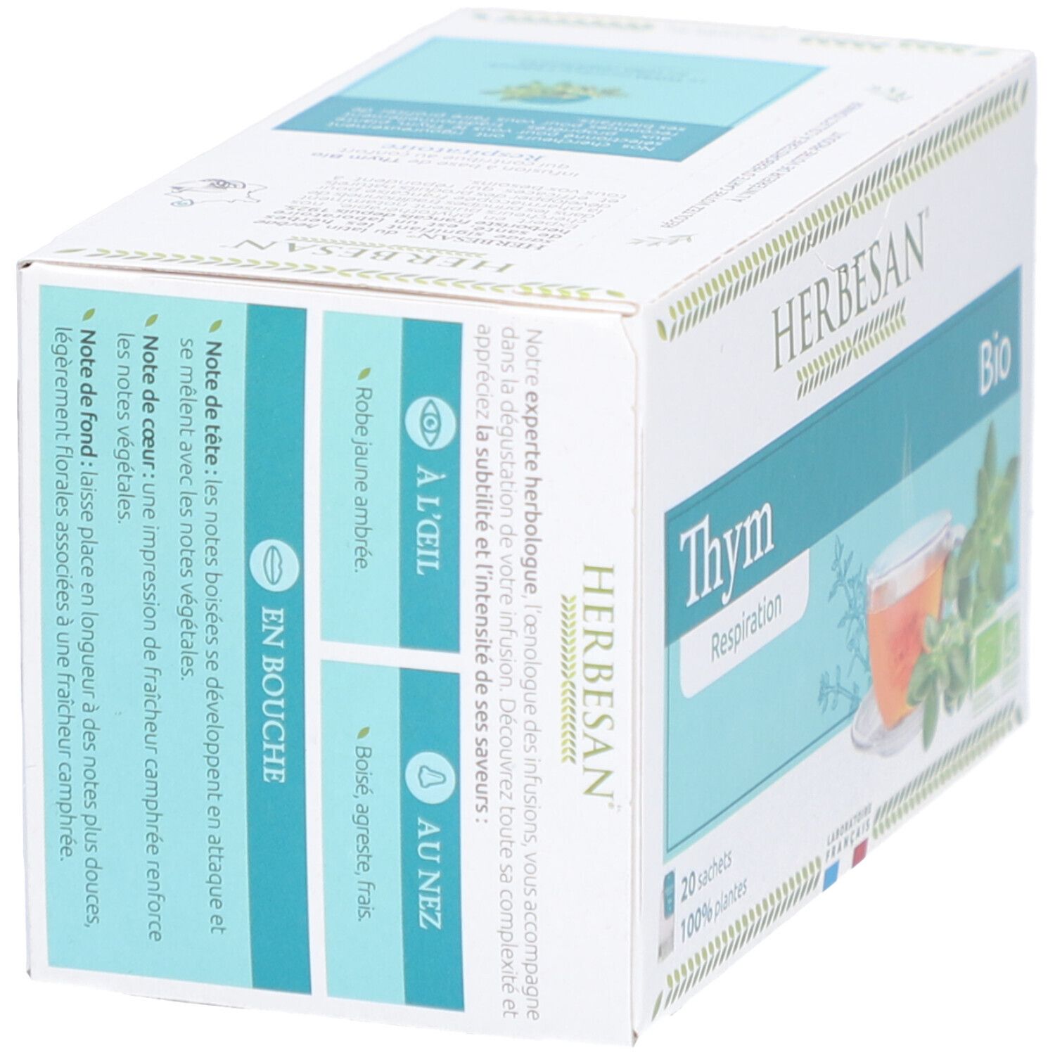 Karton Herbesan Bio Thymian Kräutertee. Aufdruck: Thym, Bio, 20 Sachets, 100% plantes. Text über die Eigenschaften des Tees.