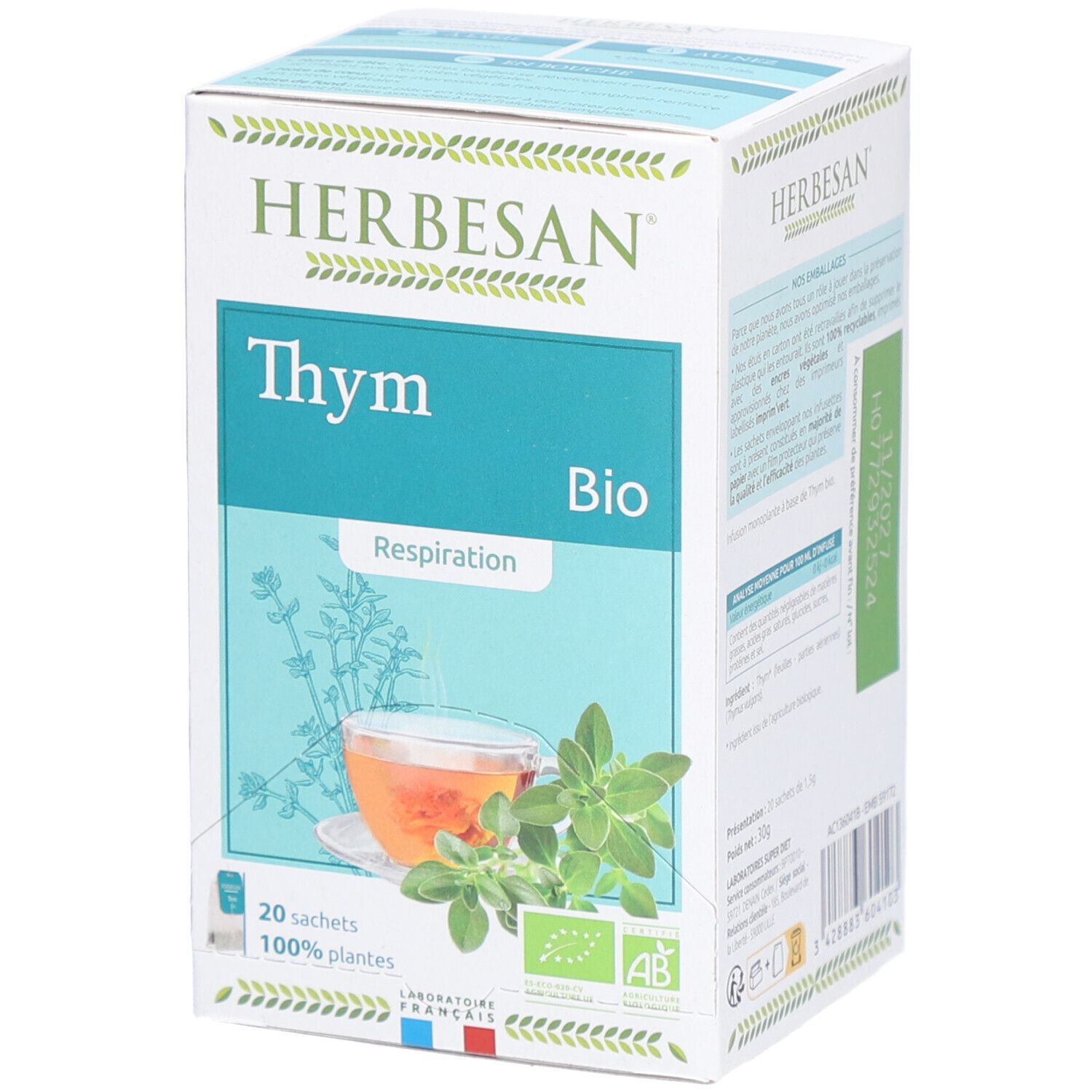Karton Herbesan Bio Thymian Kräutertee. Aufdruck: Thym, Bio, 20 Sachets, 100% plantes. Mit Abbildung von Tee und Thymian.