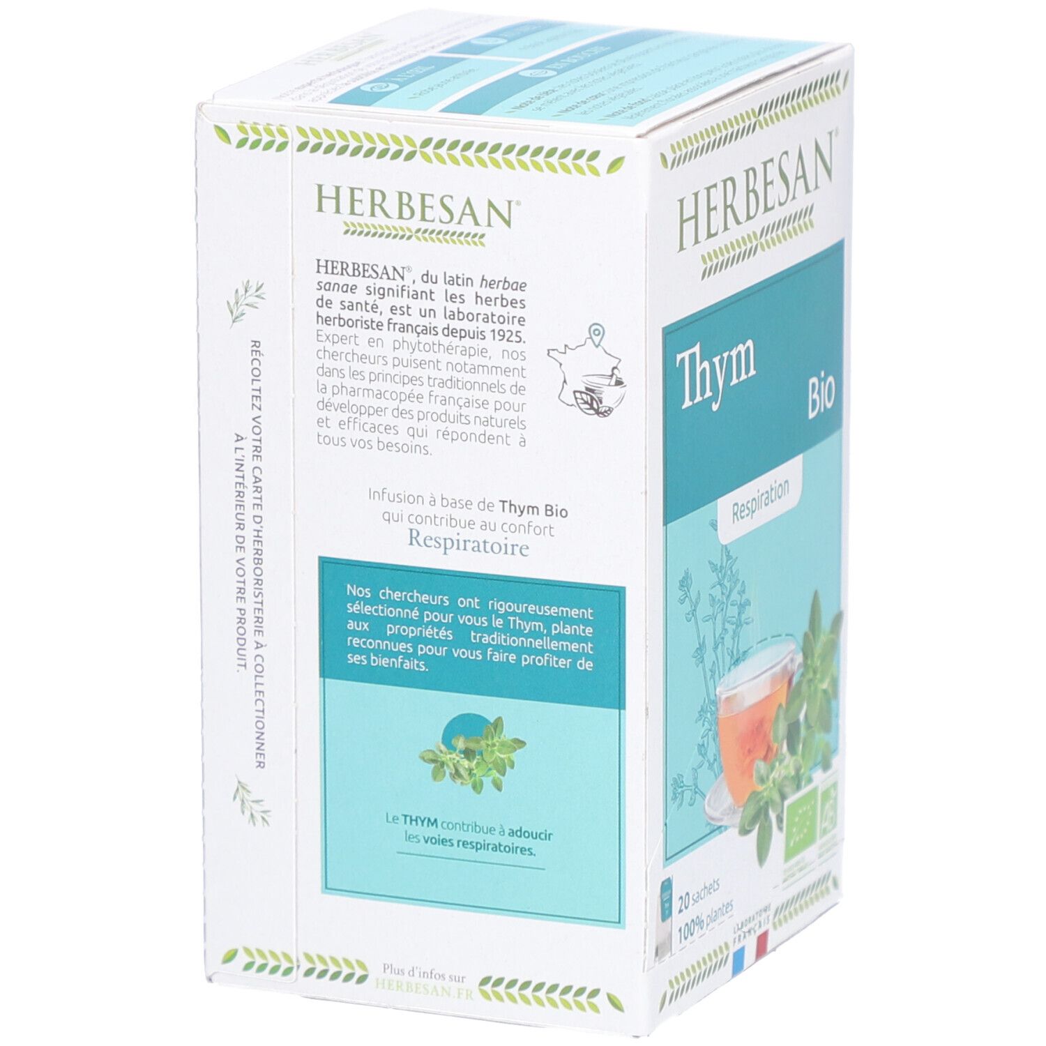 Karton Herbesan Bio Thymian Kräutertee. Aufdruck: Thym, Bio, 20 Sachets, 100% plantes. Text über die Herstellung des Tees.