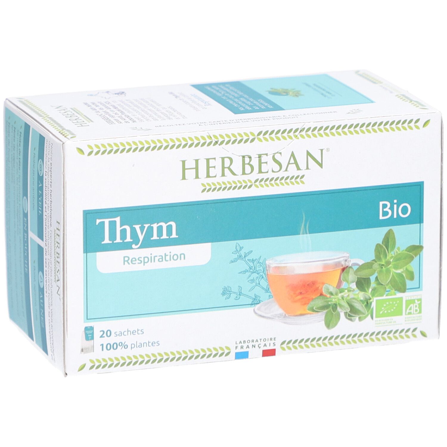 Karton Herbesan Bio Thymian Kräutertee. Aufdruck: Thym, Bio, 20 Sachets, 100% plantes. Mit Abbildung von Tee und Thymian.