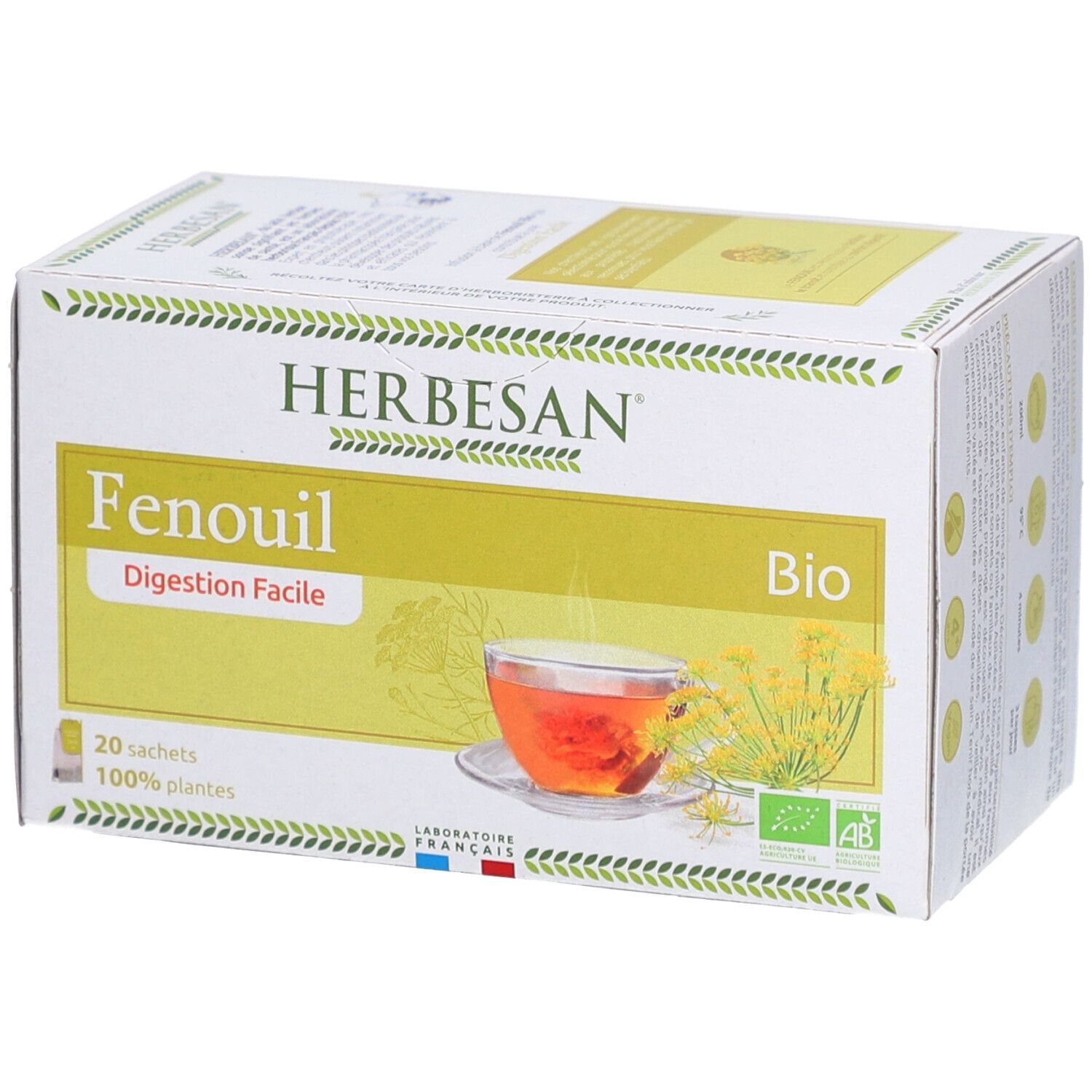 Herbesan Fencheltee Bio-Verdauungspackung. 20 Beutel. Abbildung einer Tasse Tee. Bio-Siegel.