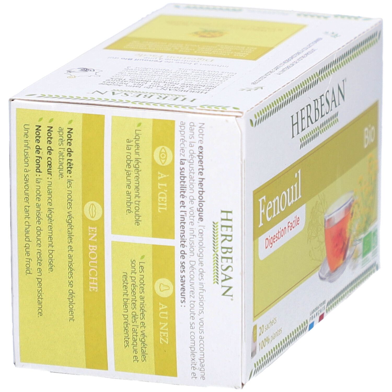 Herbesan Fencheltee Bio-Verpackung. Text über die Aromen. 20 Beutel. Bio-Siegel.