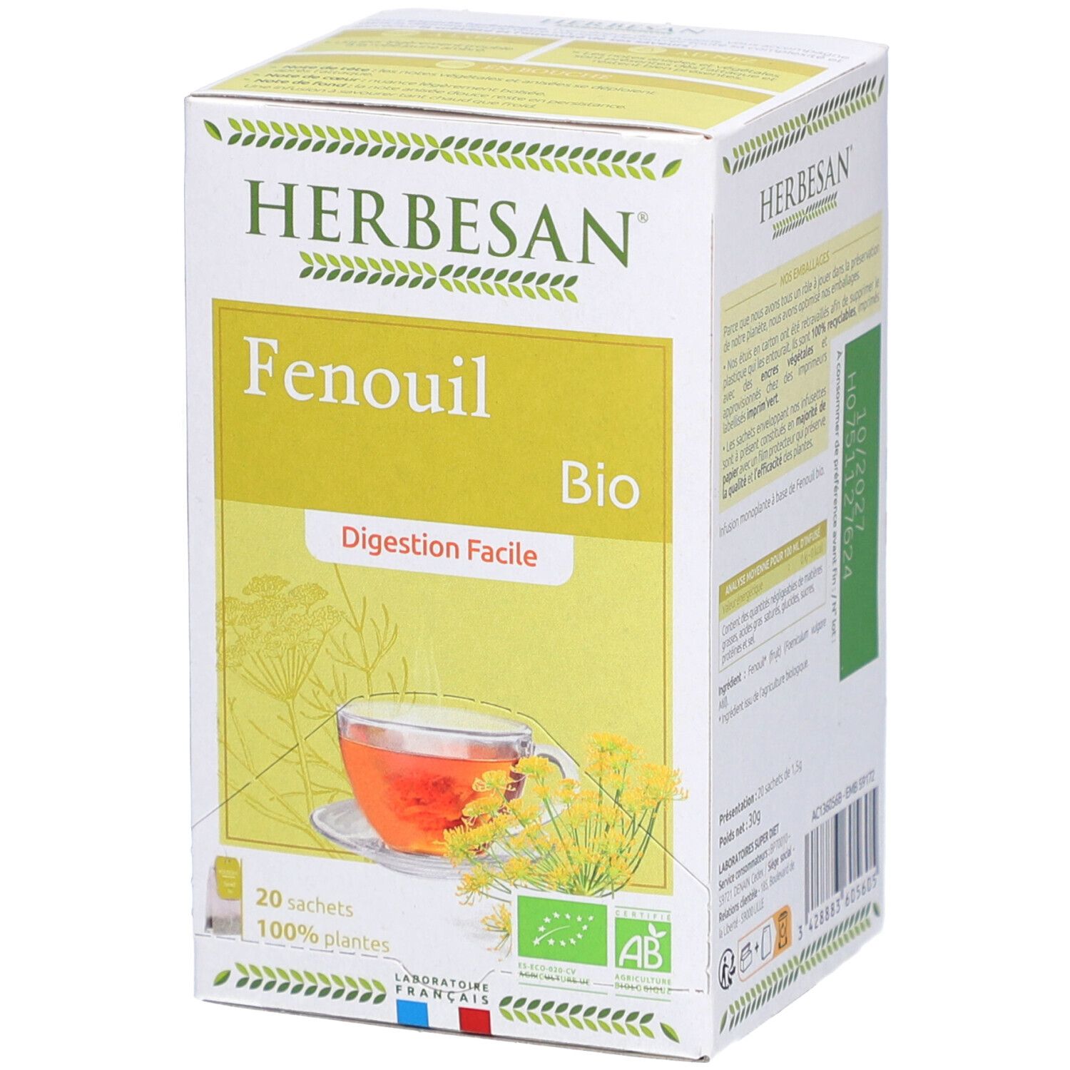 Herbesan Fencheltee Bio-Verpackung. 20 Beutel. Bio-Siegel. Ansicht von der Seite.
