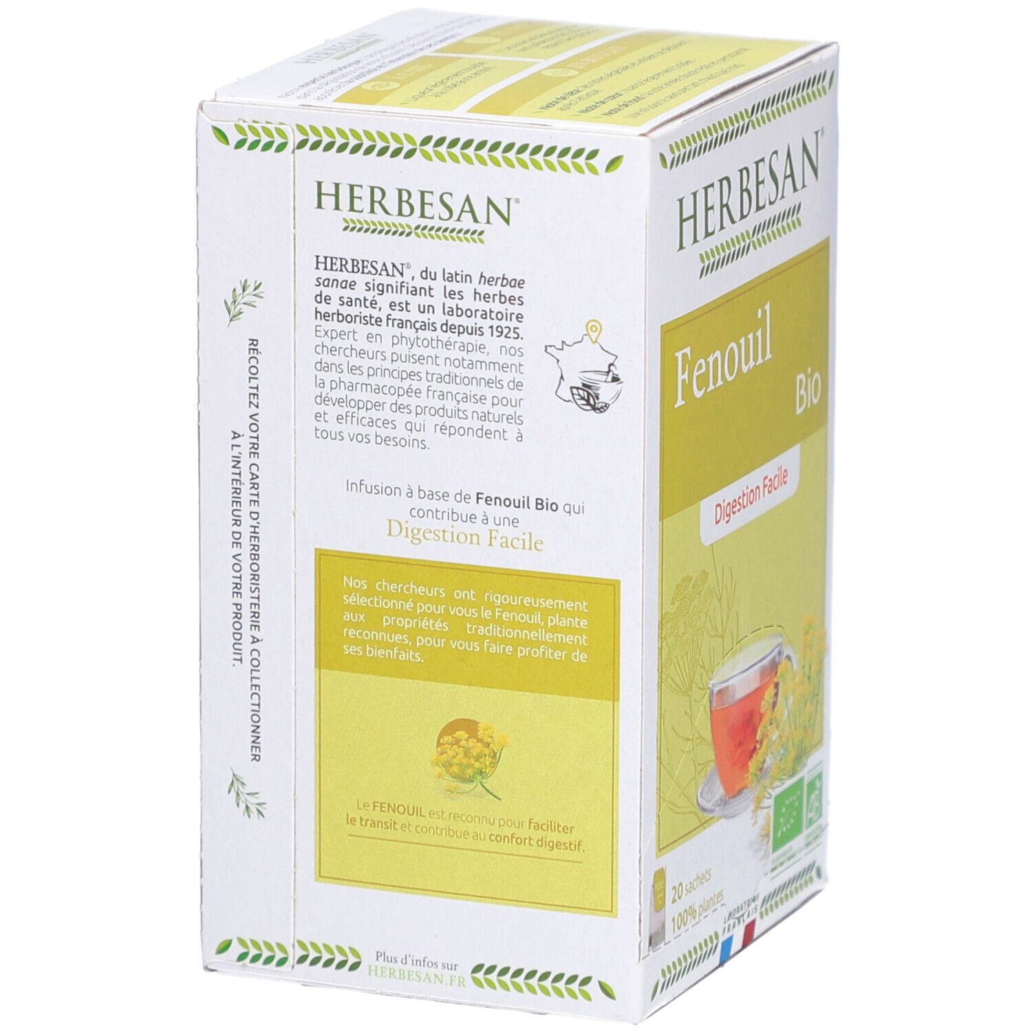 Herbesan Fencheltee Bio-Verpackung. 20 Beutel. Bio-Siegel. Text über das Produkt.