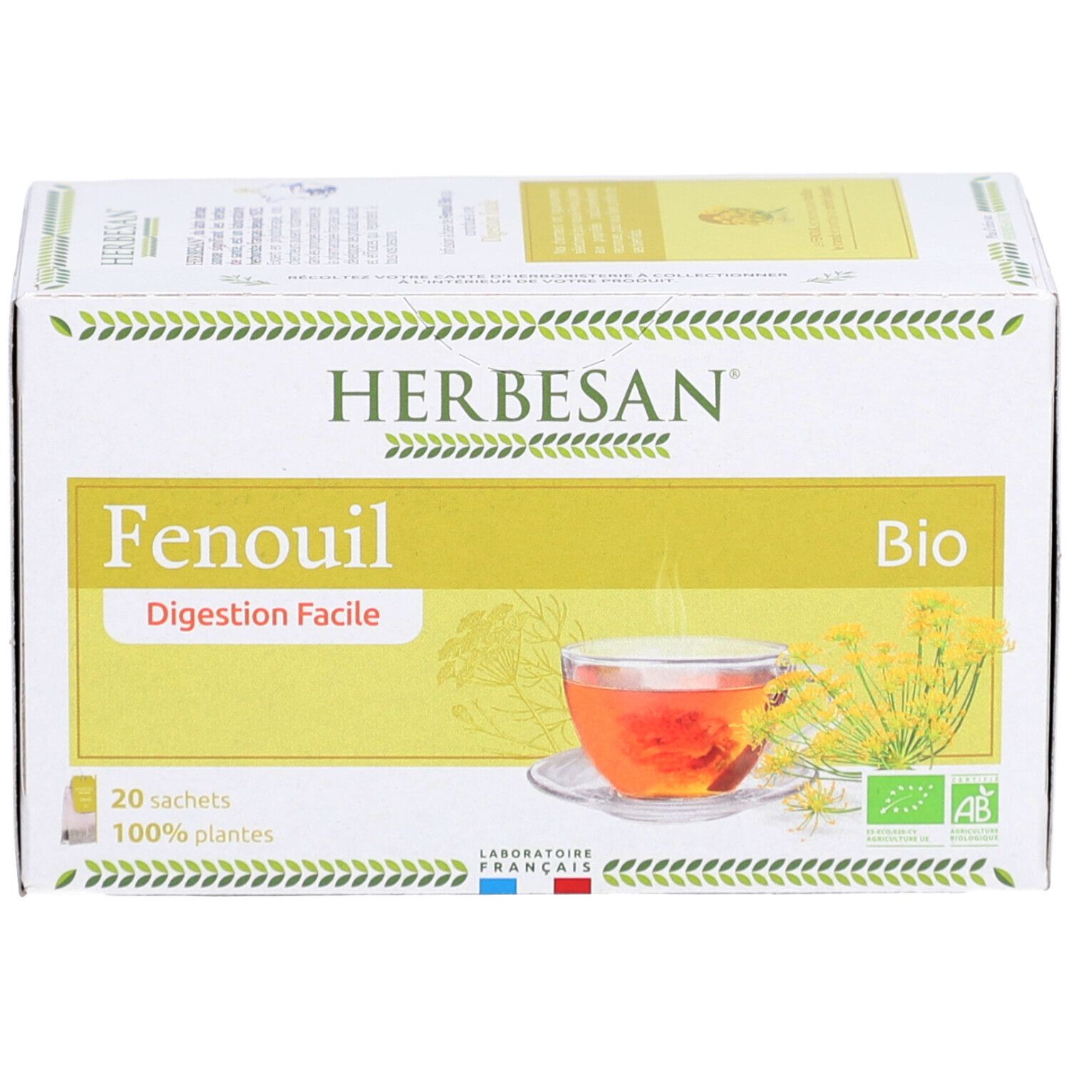 Herbesan Fencheltee Bio-Verpackung. 20 Beutel. Bio-Siegel. Abbildung einer Tasse Tee.