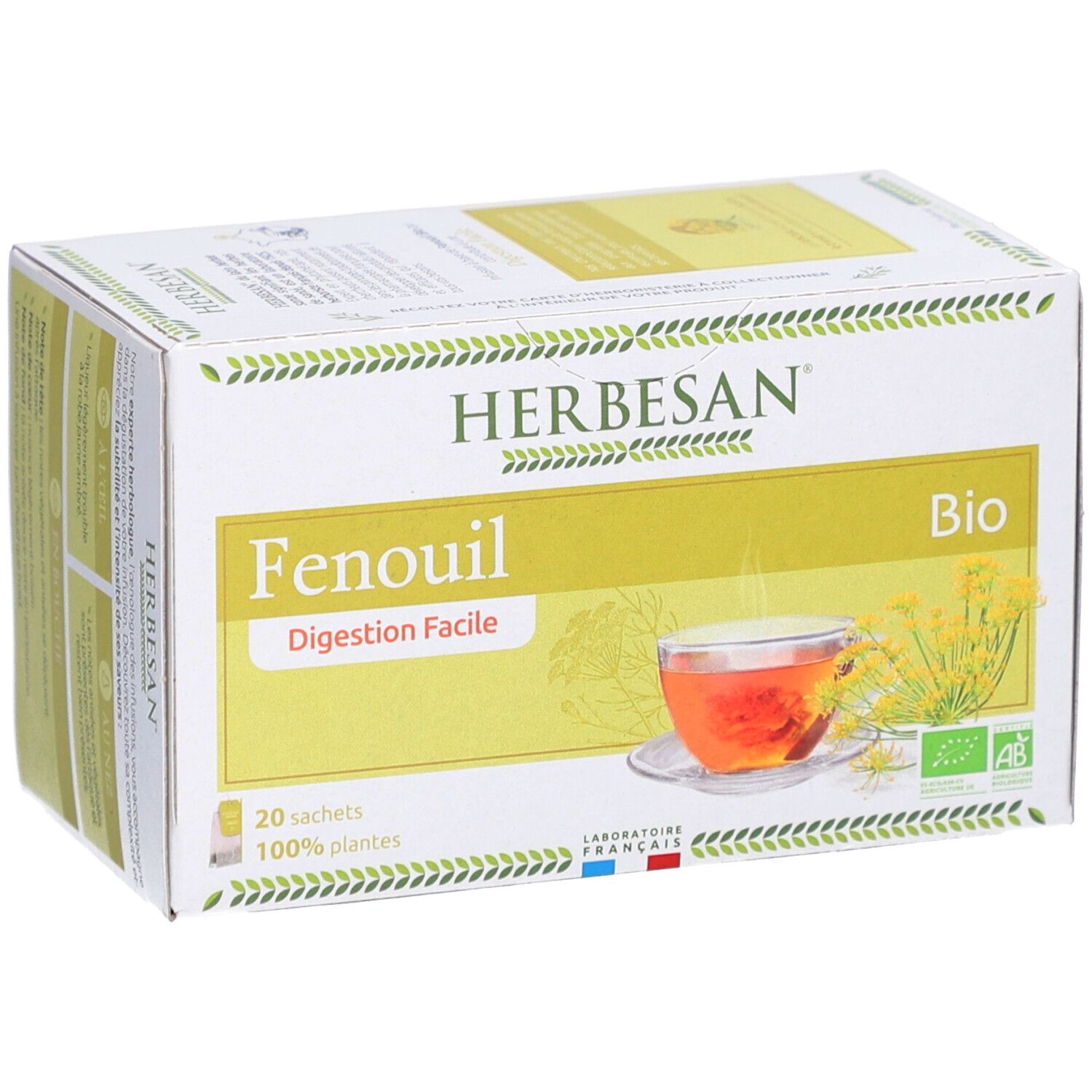 Herbesan Fencheltee Bio-Verpackung. 20 Beutel. Bio-Siegel. Abbildung einer Tasse Tee.