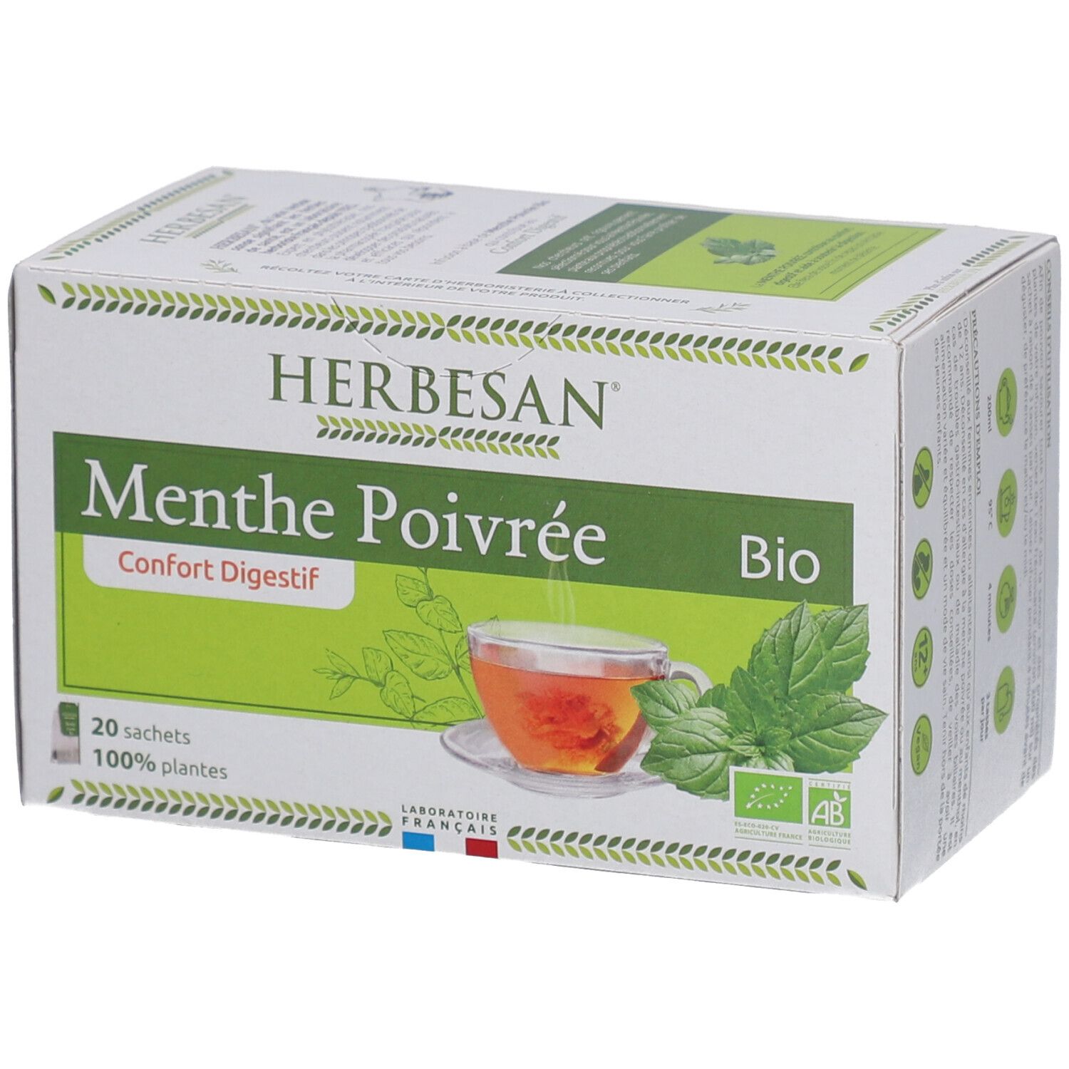 Schachtel mit Herbesan Pfefferminz Bio Tee. Aufschrift: Menthe Poivrée, Confort Digestif, Bio. 20 Beutel, 100% plantes. Abbildung einer Tasse Tee.