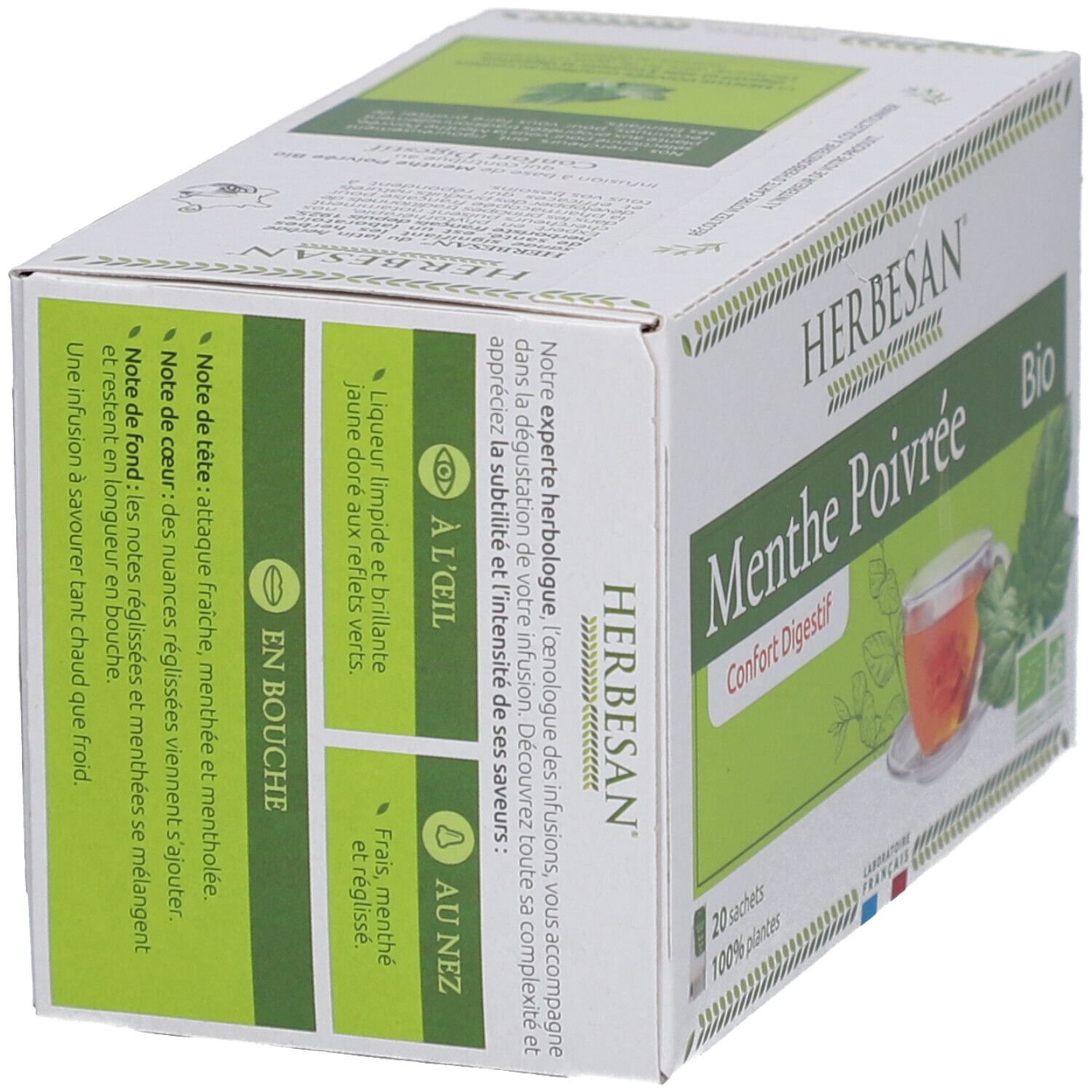 Schachtel Herbesan Pfefferminz Bio Tee. Seitenansicht mit Text: Menthe Poivrée, Confort Digestif, Bio. Beschreibung der Infusion und Inhaltsstoffe.
