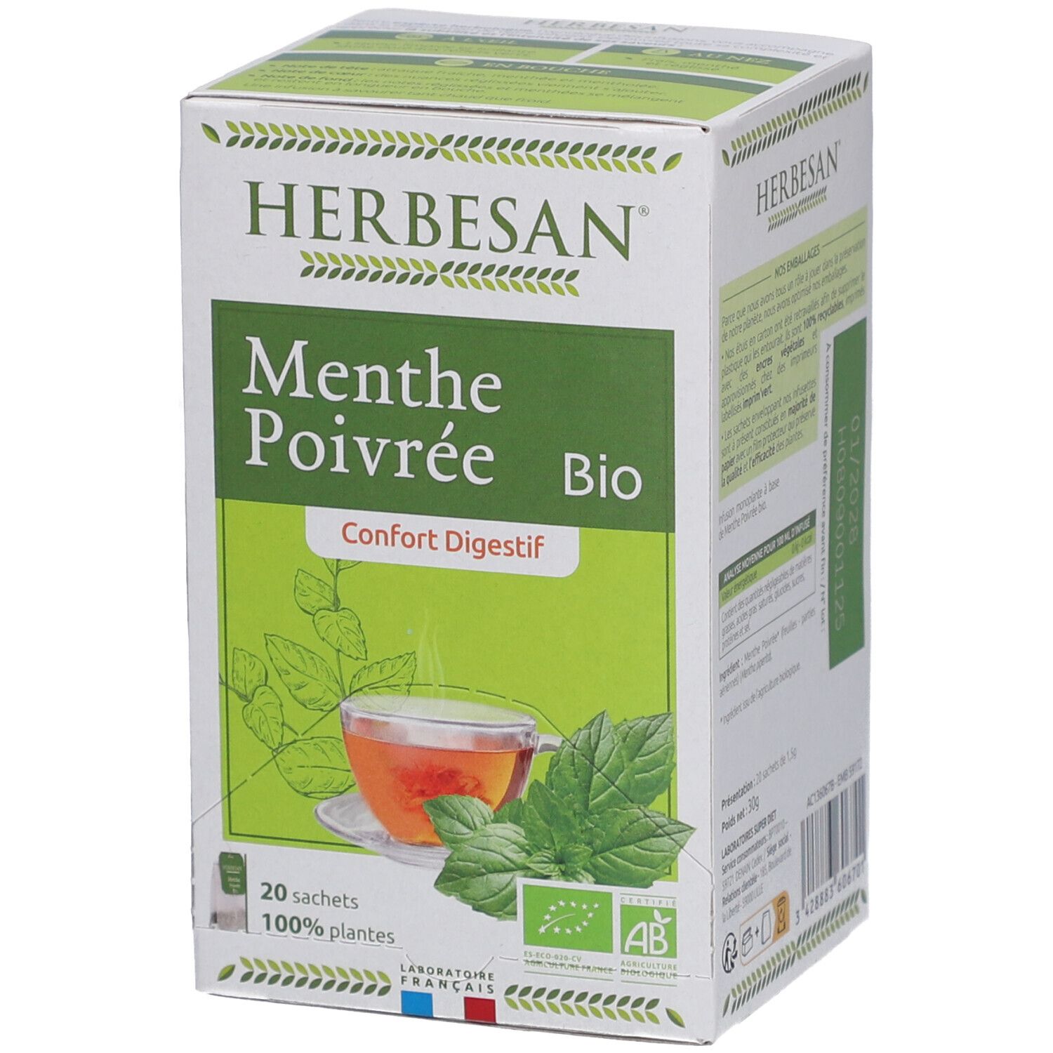 Schachtel Herbesan Pfefferminz Bio Tee. Aufschrift: Menthe Poivrée, Confort Digestif, Bio. 20 Beutel, 100% plantes. Abbildung einer Tasse Tee und Minze.