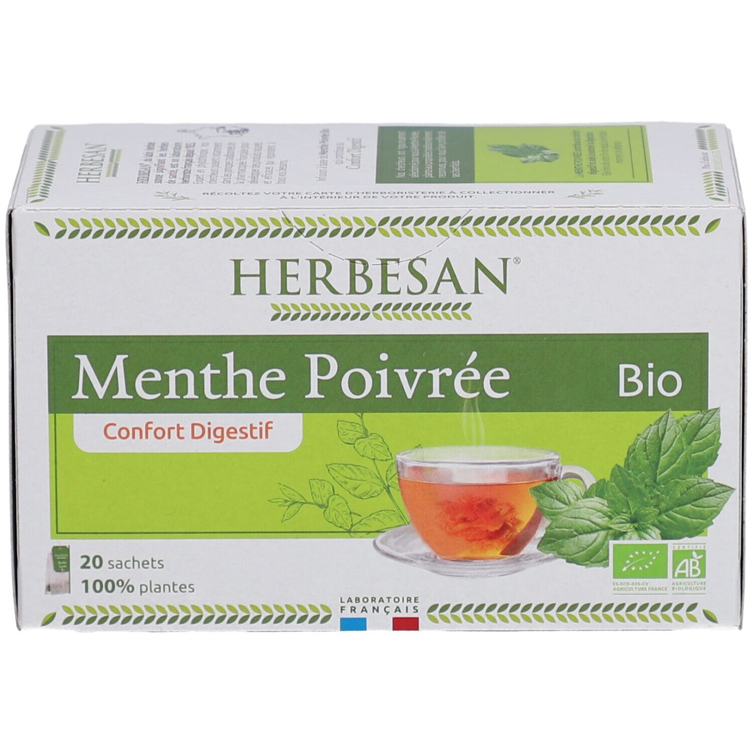 Schachtel Herbesan Pfefferminz Bio Tee. Aufschrift: Menthe Poivrée, Confort Digestif, Bio. 20 Beutel, 100% plantes. Abbildung einer Tasse Tee.