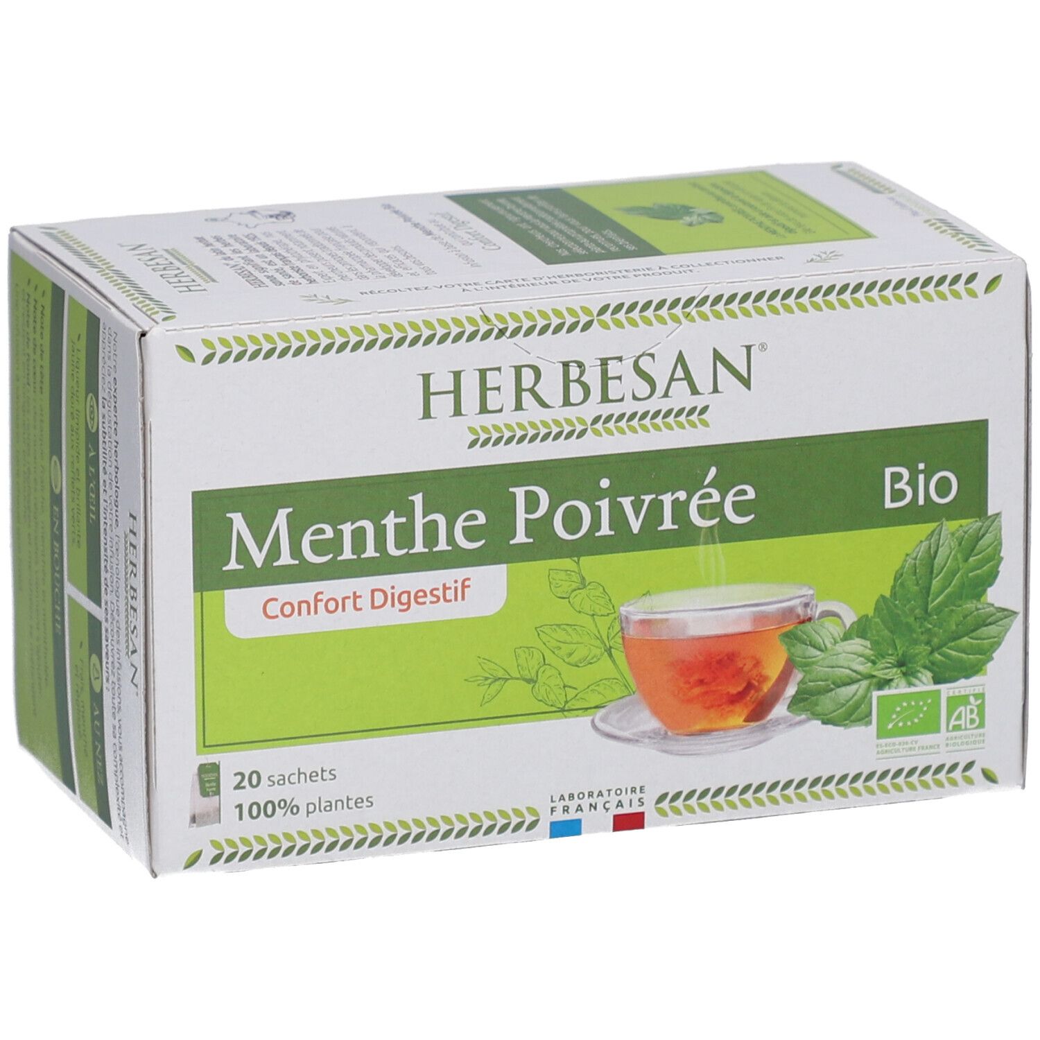 Schachtel Herbesan Pfefferminz Bio Tee. Aufschrift: Menthe Poivrée, Confort Digestif, Bio. 20 Beutel, 100% plantes. Französische Flagge.