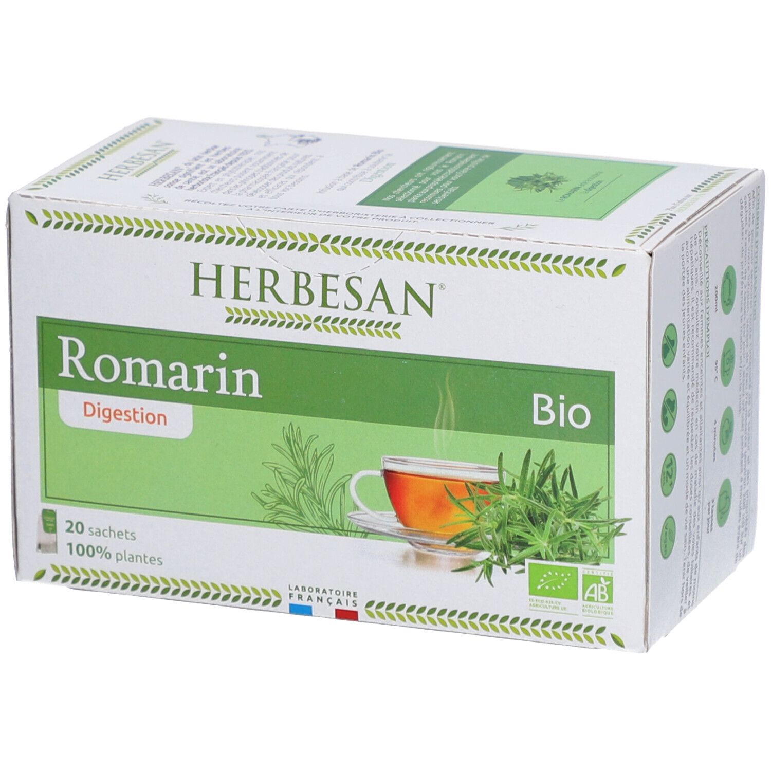 Herbesan Bio Rosmarin-Verdauung Tee-Schachtel. Grün-weiß, mit Kräuter-Illustrationen und Text. 20 Beutel, Bio-Siegel.