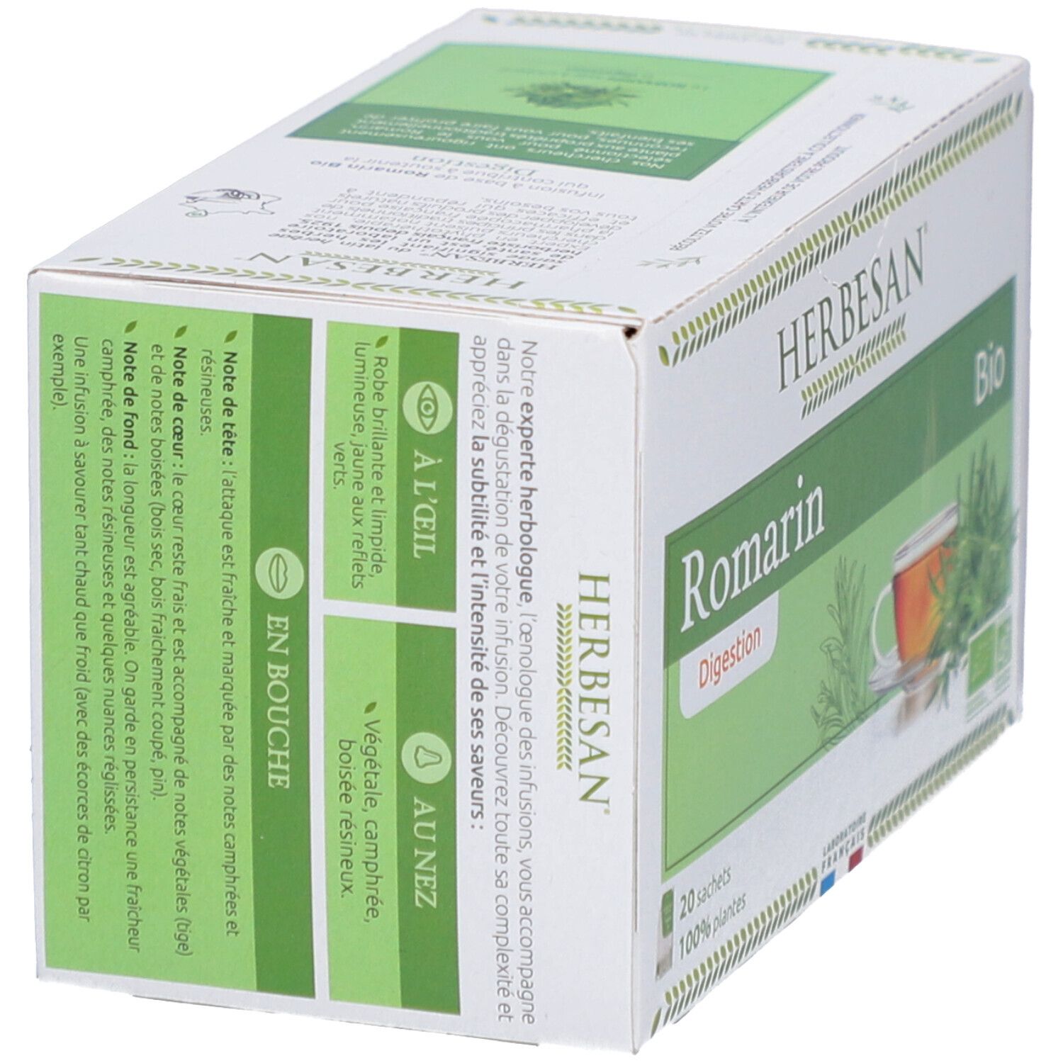 Herbesan Bio Rosmarin-Verdauung Tee-Schachtel, Seitenansicht. Text und Illustrationen. Bio-Siegel und französische Flagge.