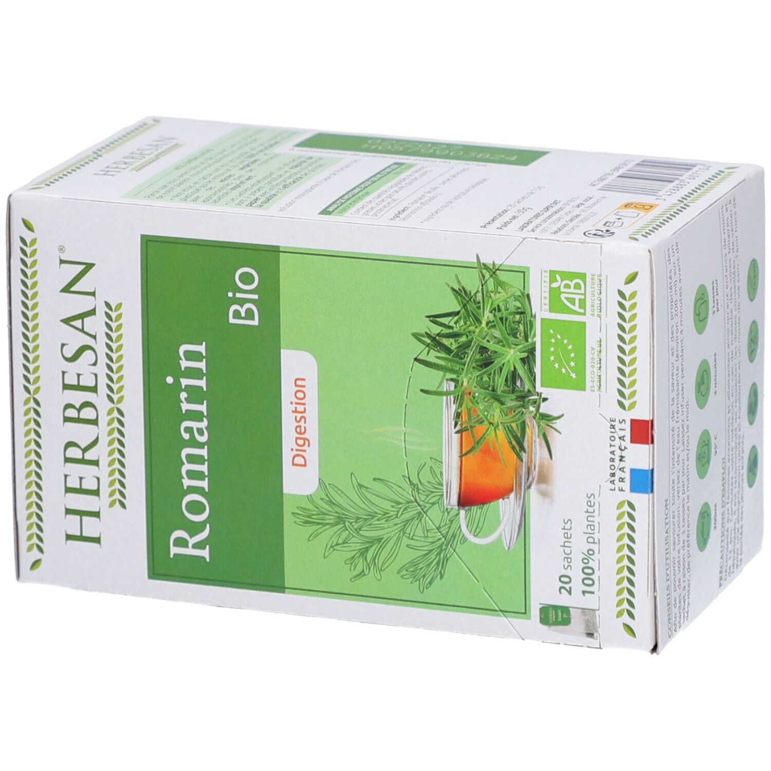 Herbesan Bio Rosmarin-Verdauung Tee-Schachtel, schräg. Grün-weiß, mit Kräuter-Illustrationen und Text. Bio-Siegel.