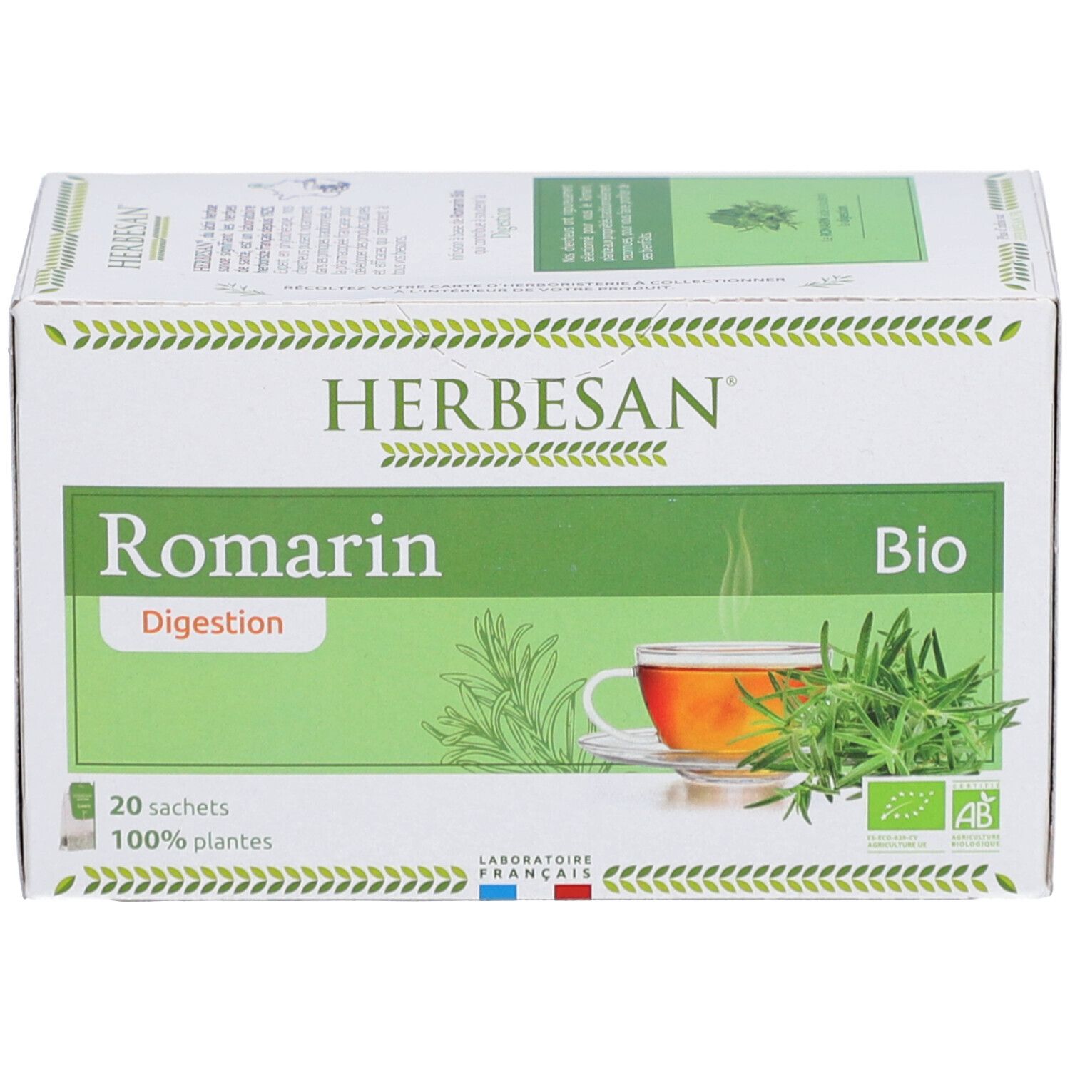 Herbesan Bio Rosmarin-Verdauung Tee-Schachtel. Grün-weiß, mit Kräuter-Illustrationen und Text. 20 Beutel, Bio-Siegel.