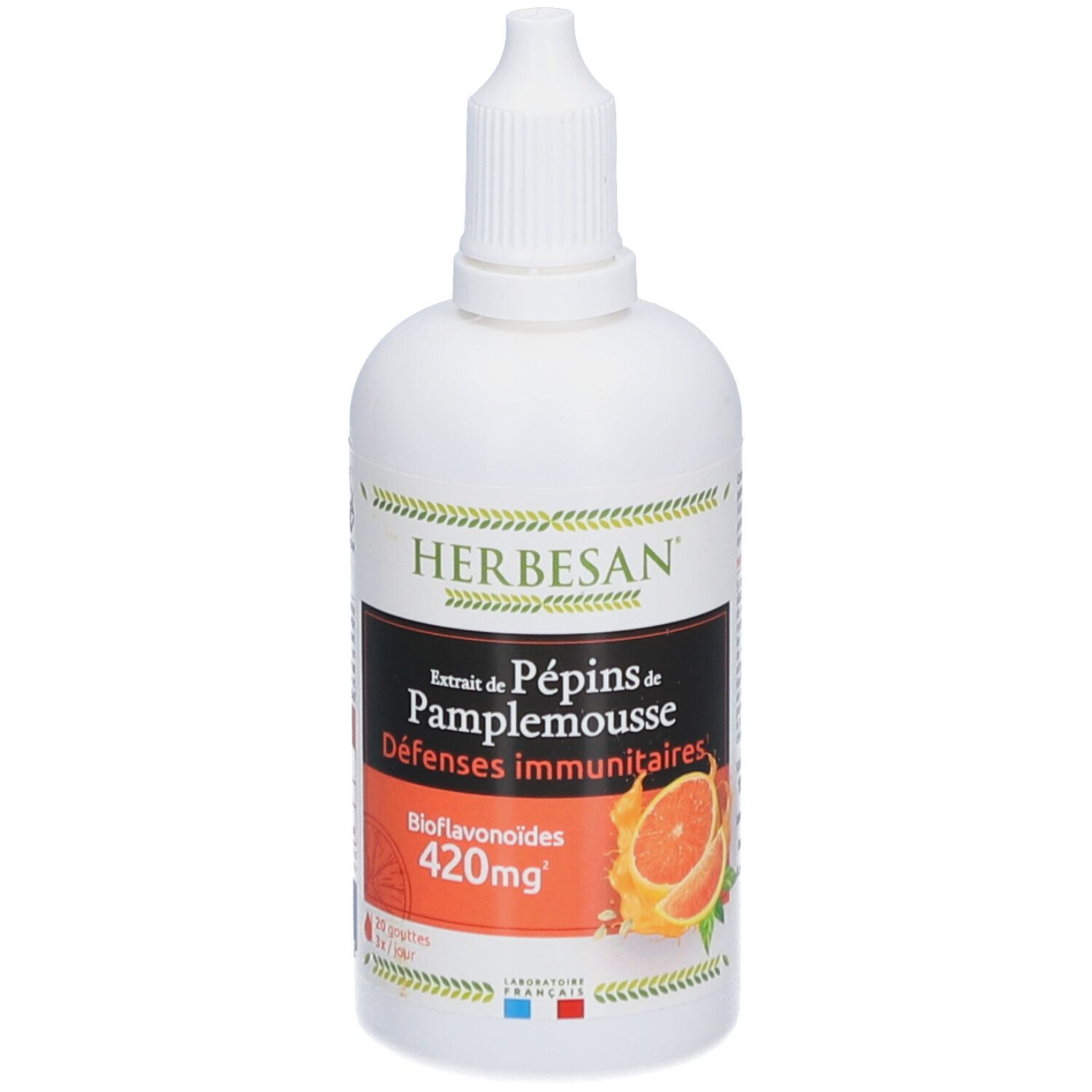 Weiße Flasche mit Tropfer. Aufschrift: Herbesan, Extrait de Pépins de Pamplemousse, Défenses immunitaires, Bioflavonoïdes 420mg. Abbildung einer Grapefruit.