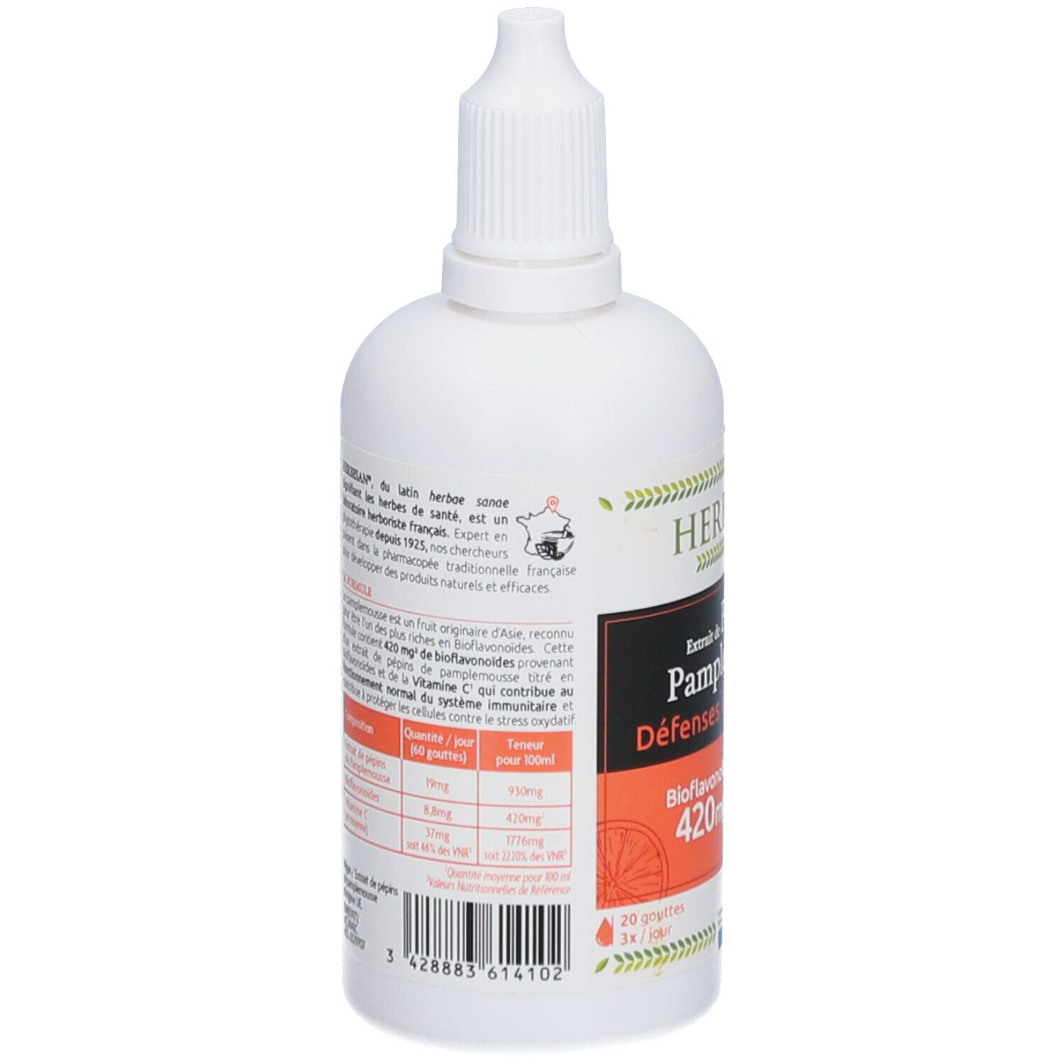 Rückseite der weißen Flasche mit Tropfer. Textabschnitte und Nährwertangaben. Barcode und Herstellersiegel. Abbildung einer Grapefruit.