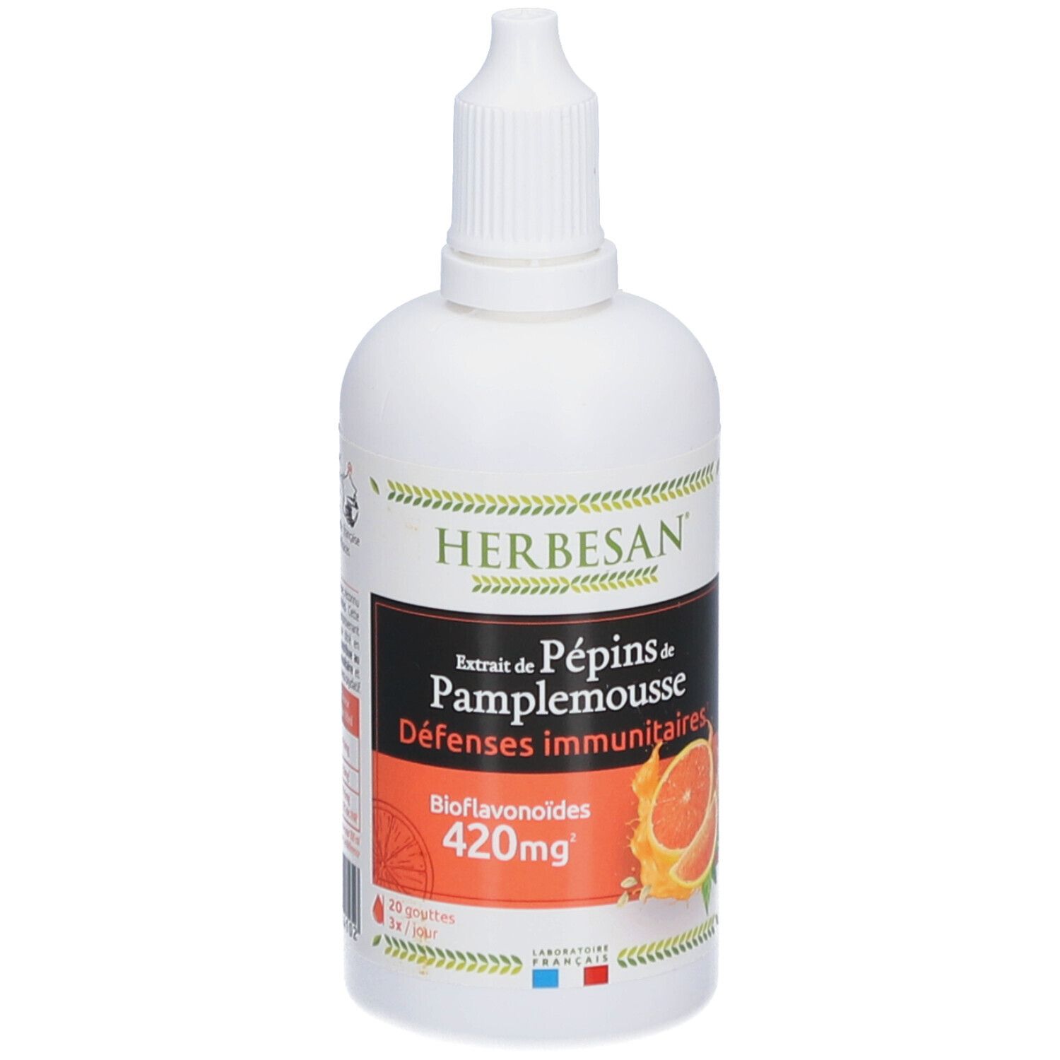 Weiße Flasche mit Tropfer. Aufschrift: Herbesan, Extrait de Pépins de Pamplemousse, Défenses immunitaires, Bioflavonoïdes 420mg. Abbildung einer Grapefruit.