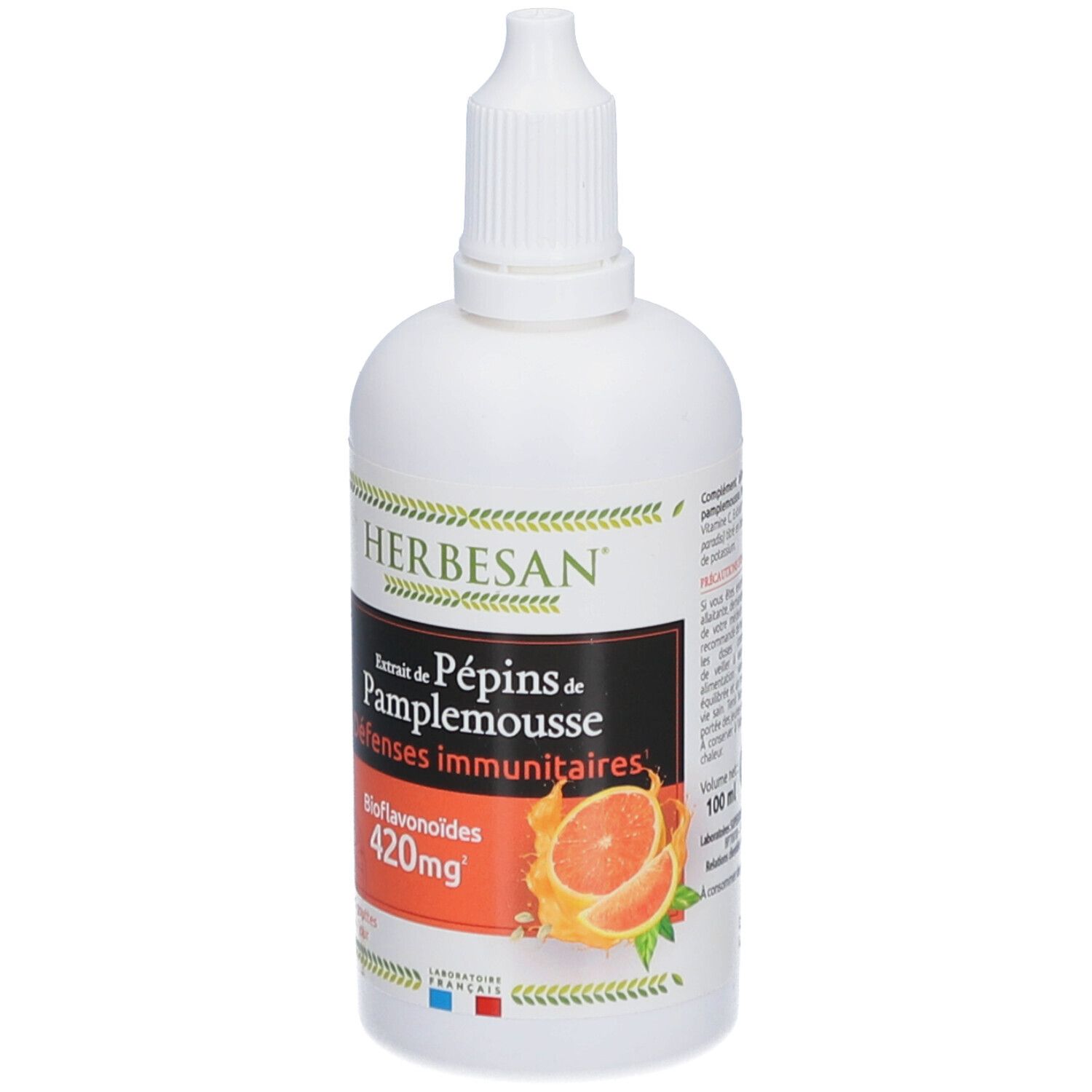 Weiße Flasche mit Tropfer. Aufschrift: Herbesan, Extrait de Pépins de Pamplemousse, Défenses immunitaires, Bioflavonoïdes 420mg. Abbildung einer Grapefruit.