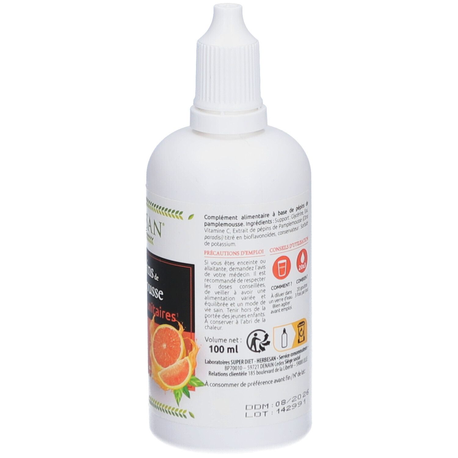 Rückseite der weißen Flasche mit Tropfer. Textabschnitte, Gebrauchsanweisung und Warnhinweise. Abbildungen und Piktogramme. Volumen 100 ml.